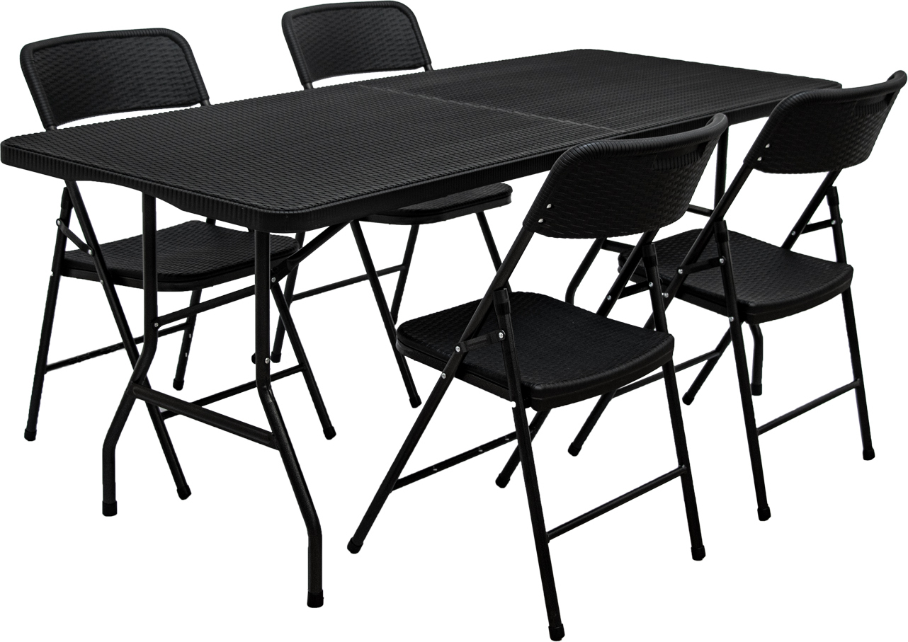 Záhradný stôl L 180x74x74cm + 4 stoličky čierny ratanový vzhľad