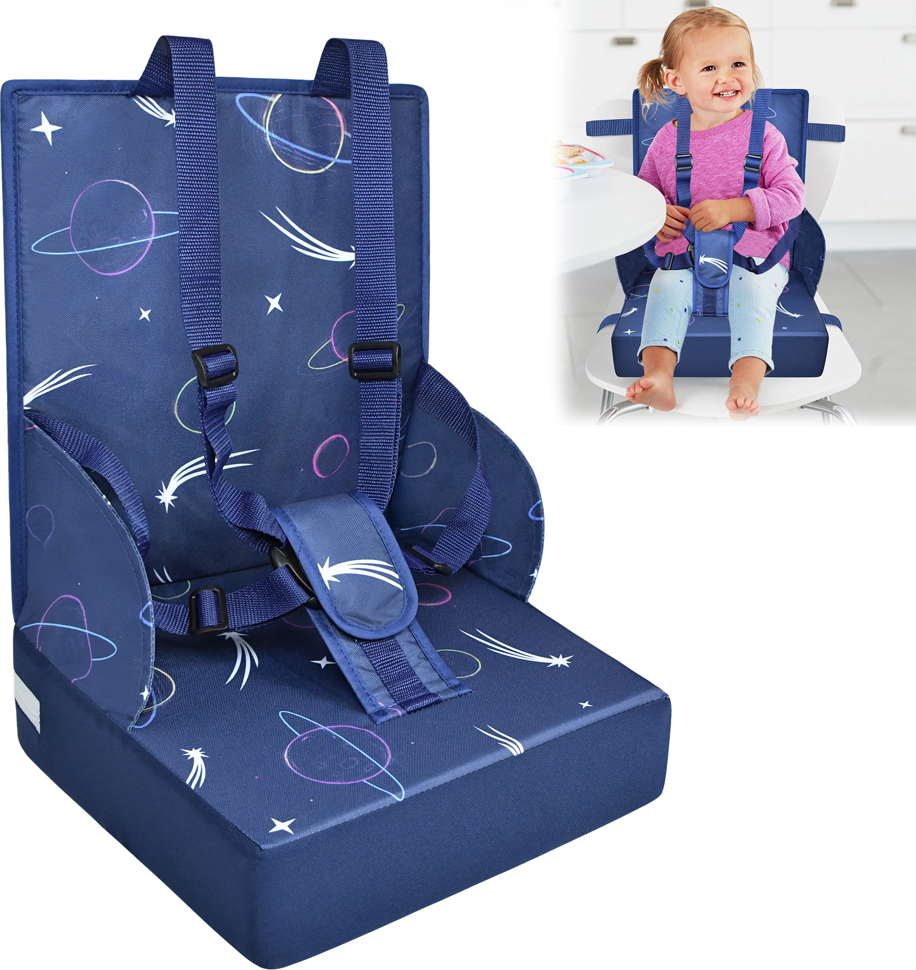 LARS360 Mobiler Kinder Sitzerhöhung Faltbar Boostersitz hochstuhl Baby Stühle Gurt mit drei Punkten Kindersitzerhöhung Blau