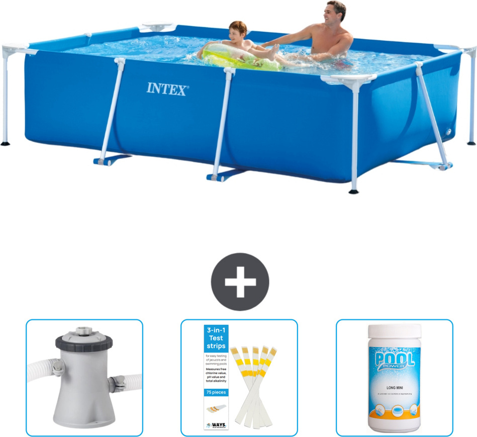 Bazén Intex s obdĺžnikovým rámom - 260 x 160 x 65 cm - Modrý - Súčasťou dodávky je filtračné čerpadlo pre bazén - Testovacie prúžky - Chlór