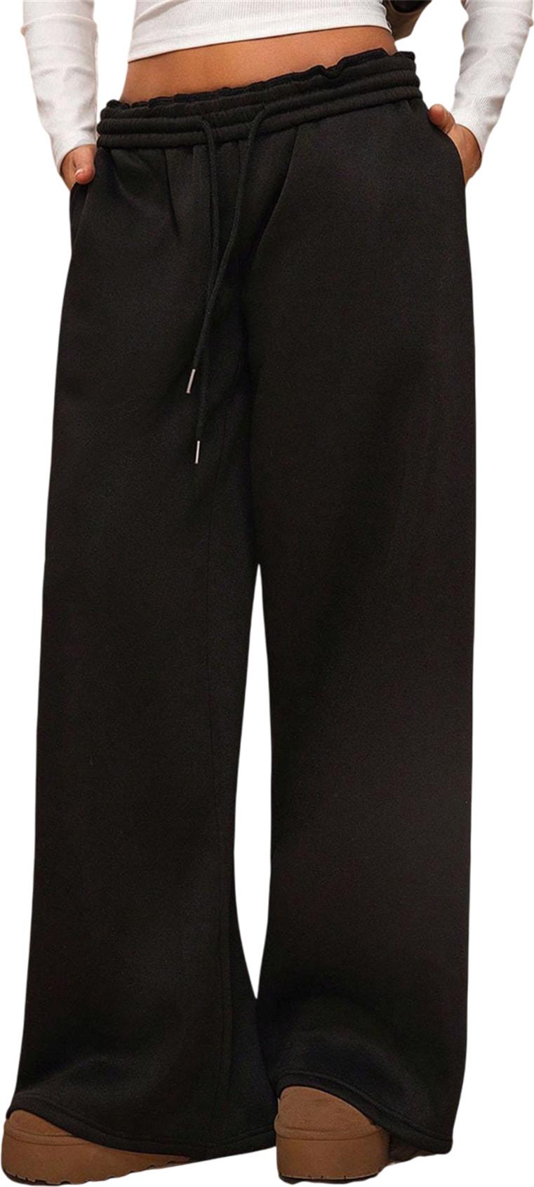 ASKSA Damen Jogginghose Lang Fleecefutter Warme Gefuetterte Baggy Weitem Bein Fleecehose Tunnelzug Sporthose mit Taschen (Schwarz,S)