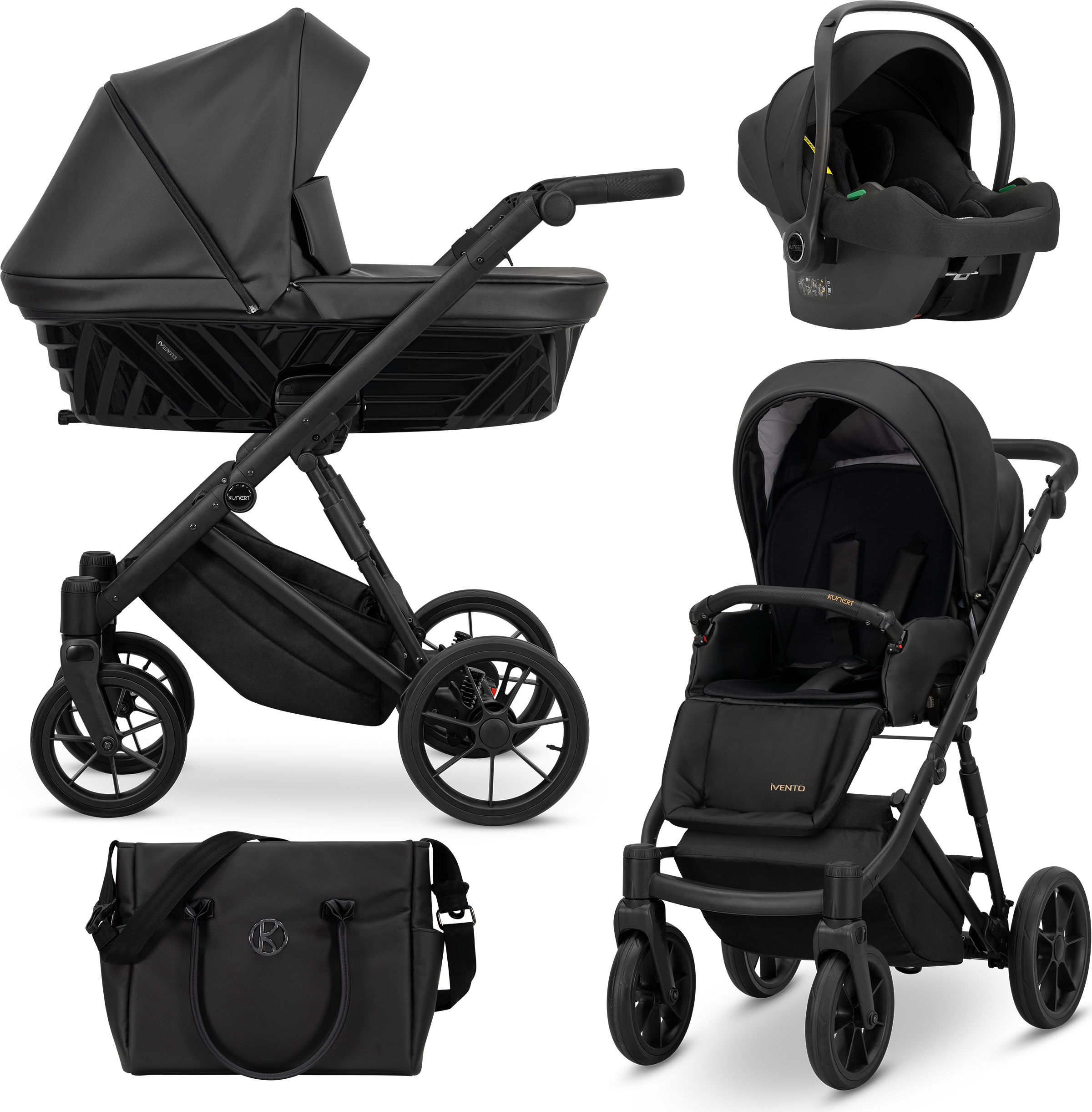 Kunert Kinderwagen IVENTO Sportwagen Babywagen Babyschale Komplettset Kinder Wagen Autositz Set 3 in 1 (Black Pearl, Rahmenfarbe: Schwarz)