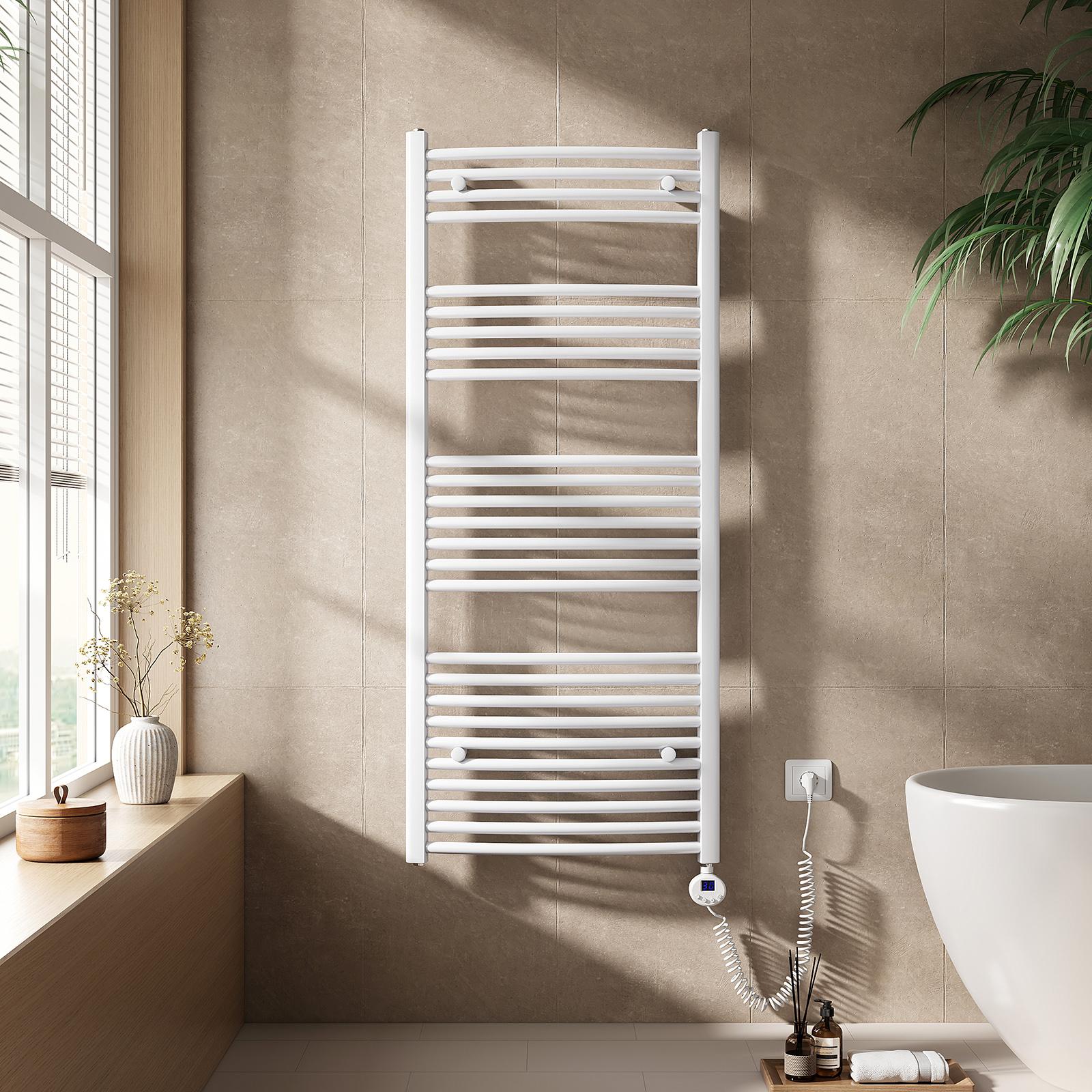 EMKE Elektrický kúpeľňový radiátor Uterákový radiátor zakrivený 300/500/600W Wifi ovládanie Inteligentný termostat 140X60cm Biely ohrievač uterákov