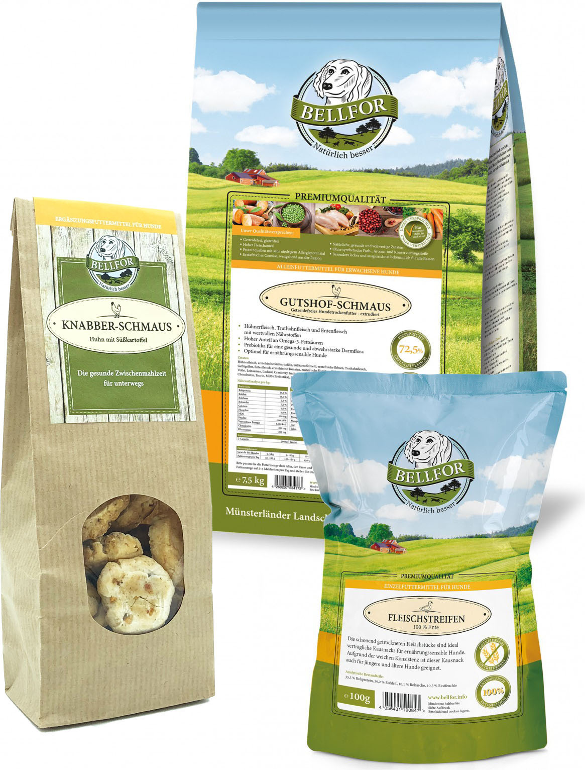 Bellfor Sparset Nr. 4 - Gutshof-Schmaus 7,5kg + Enten Fleischstreifen 100g + Knabber-Schmaus Huhn 100g - 7.70 kg