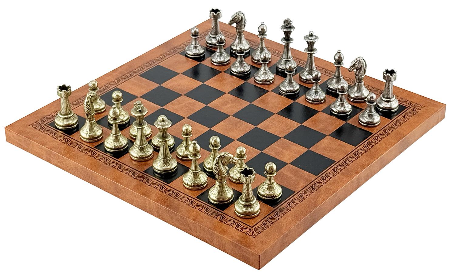 ITALFAMA Metal Chess Set (Zinc/Brass/Nickel) with Leatherette Board 26x26cm