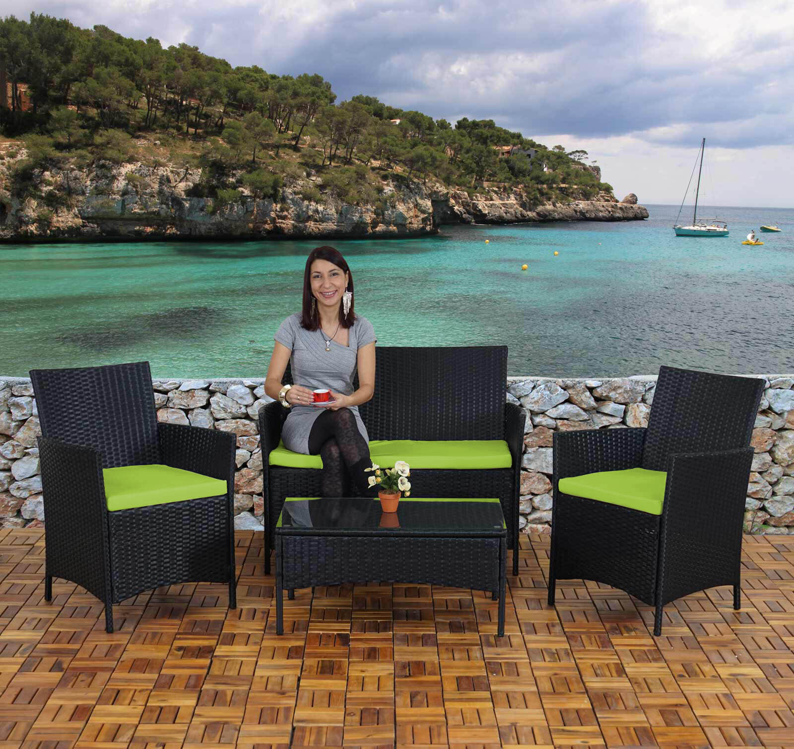 2-1-1 Poly-ratanová záhradná súprava Halden, Sedacia súprava Lounge Set Sofa ~ antracit, vankúše zelené