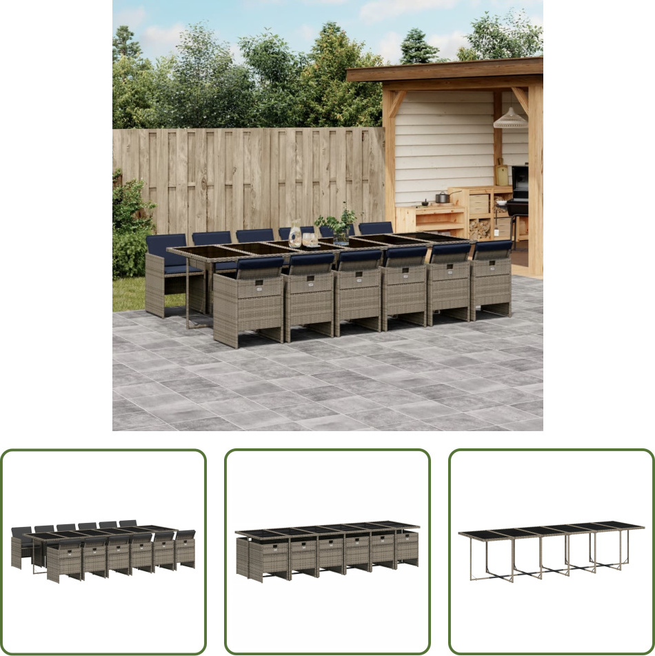 The Living Store 13-dielny záhradný jedálenský set s vankúšmi sivý polyratan