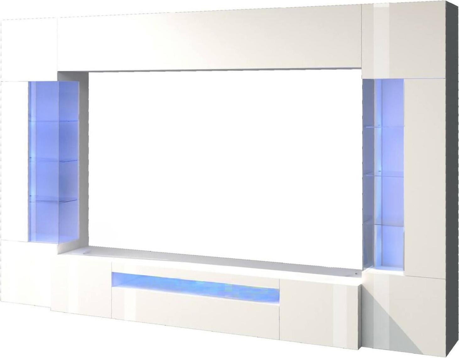 Dmora Wohnzimmermöbel Dberard, Wohnzimmer-Set TV-Möbel mit 6 Türen, Mehrzweck-Wohnzimmermöbel mit LED-Beleuchtung, 100 % Italy, cm 290x40h191, glänzend weiß