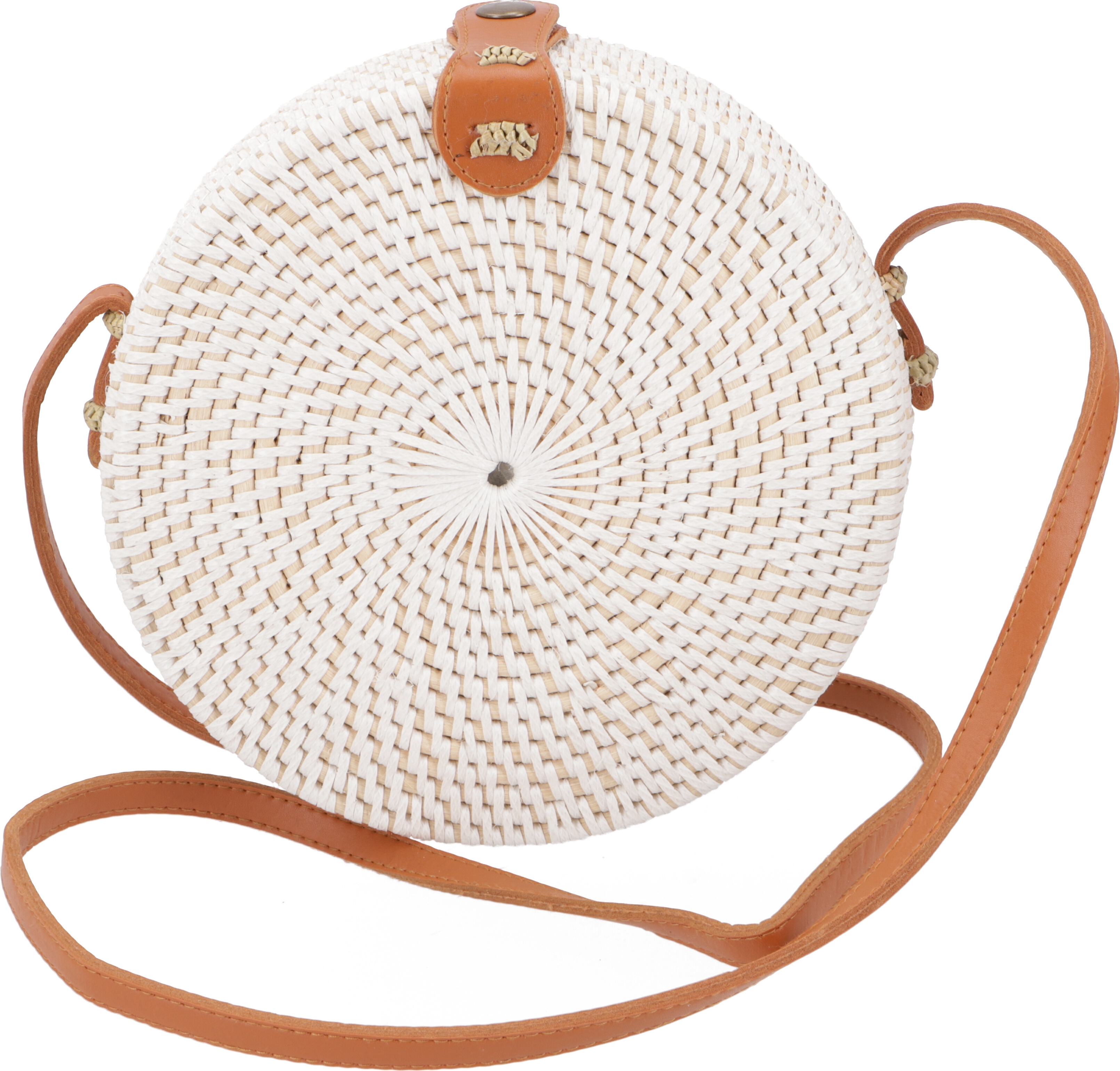Guru-Shop Geflochtene Handtasche, Korbtasche, Rattantasche, Balitasche Rund - Modell 2, Weiß, 20*20*7 cm, Körbe & Korbtaschen 41397