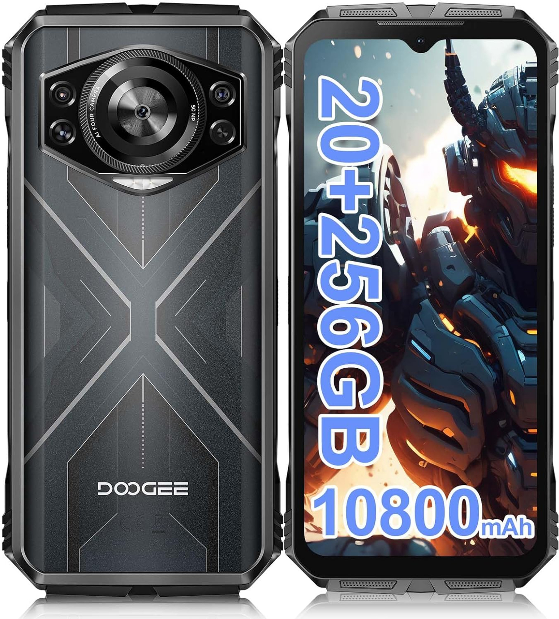 DOOGEE S Cyber Outdoor Smartphone Android 14, 20GB/256GB 10800mAh 6,58'' Outdoor Handy 50MP Baustellenhandy, 4G Dual SIM/IP68 Wasserdicht/NFC, Silber