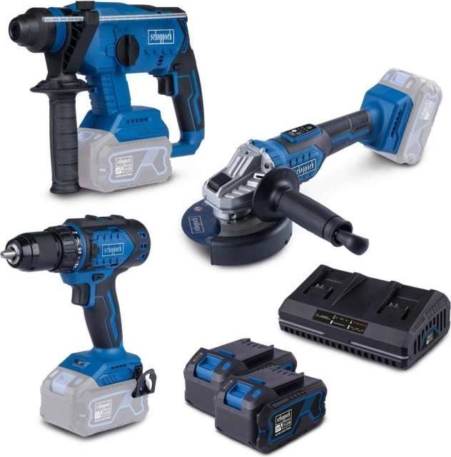 Werkzeugset, SCHEPPACH 3-teilig, 2 x 4Ah Akkus, 20V IXES Akku-System, Akku-Bohrschrauber, Winkelschleifer, Bohrhammer SCH4046664260615