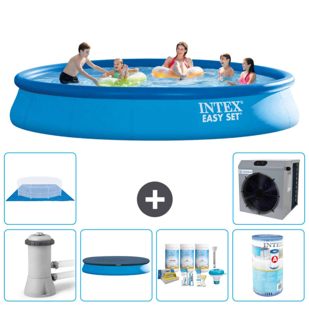 Intex okrúhly nafukovací bazén Easy Set - 457 x 84 cm - modrý - vrátane krytu čerpadla - balík na údržbu - filter - podložka - tepelné čerpadlo