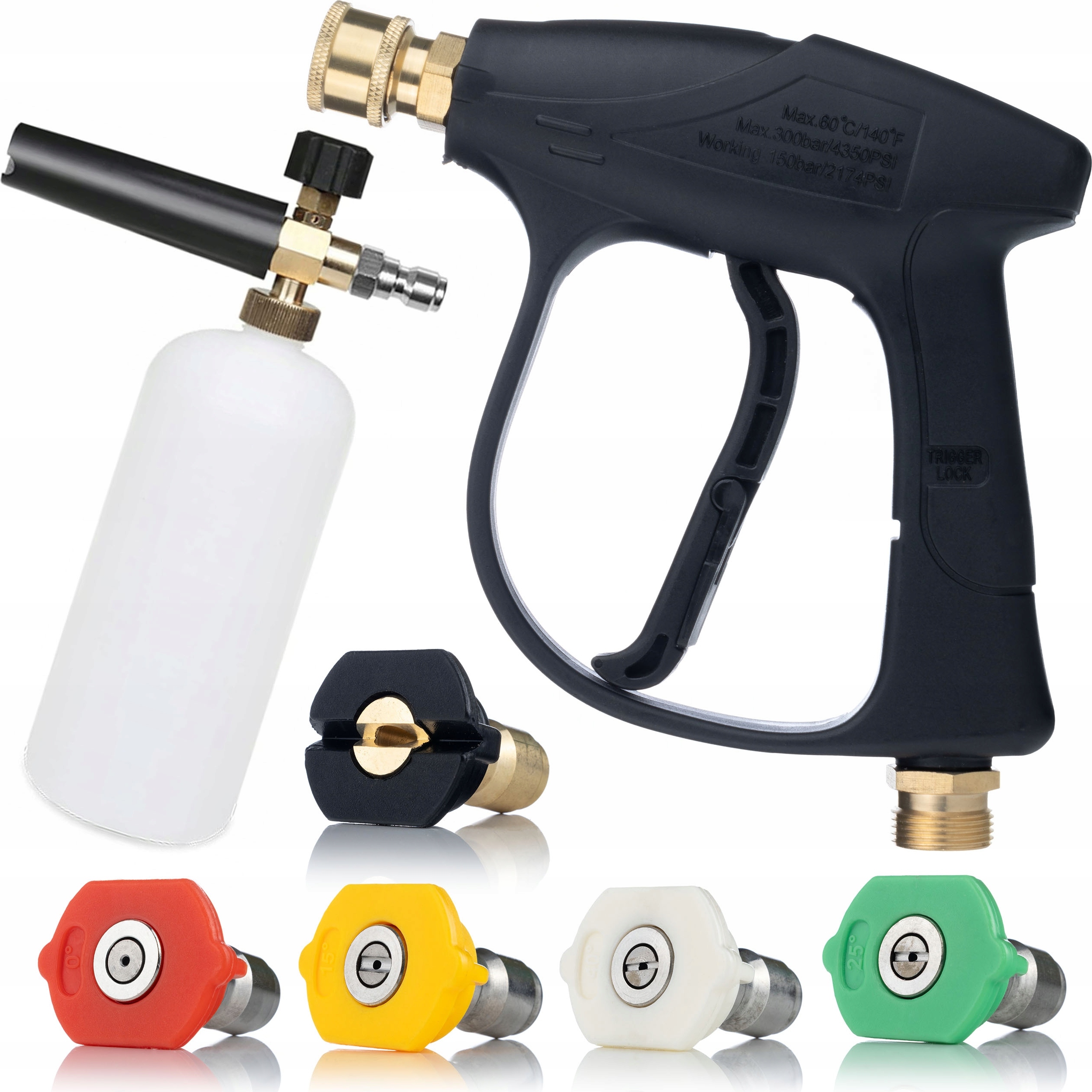 Hochdruckreiniger-Pistolenset 4350PSI 22mm + Rosfix Komplettset mit 5 Düsen (0°, 15°, 25°, 40°, 60°) + Schaumer 1000 ml