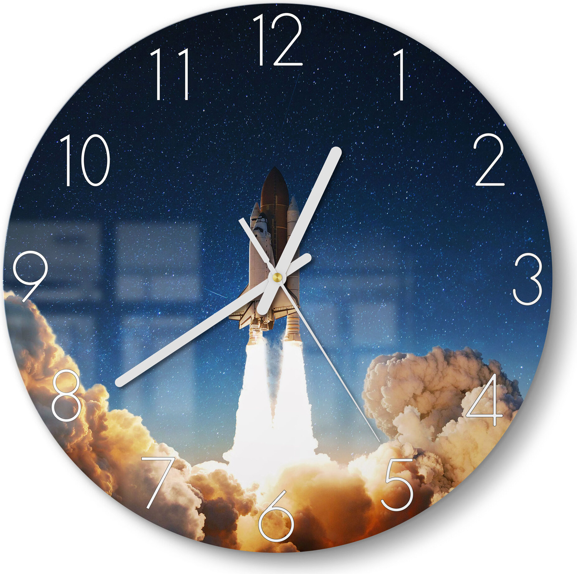 DEQORI Glasuhr Ø30 cm Zahlen 'Raketenstart ins All' Wanduhr Glas Uhr Design leise WC-D30-N-2286