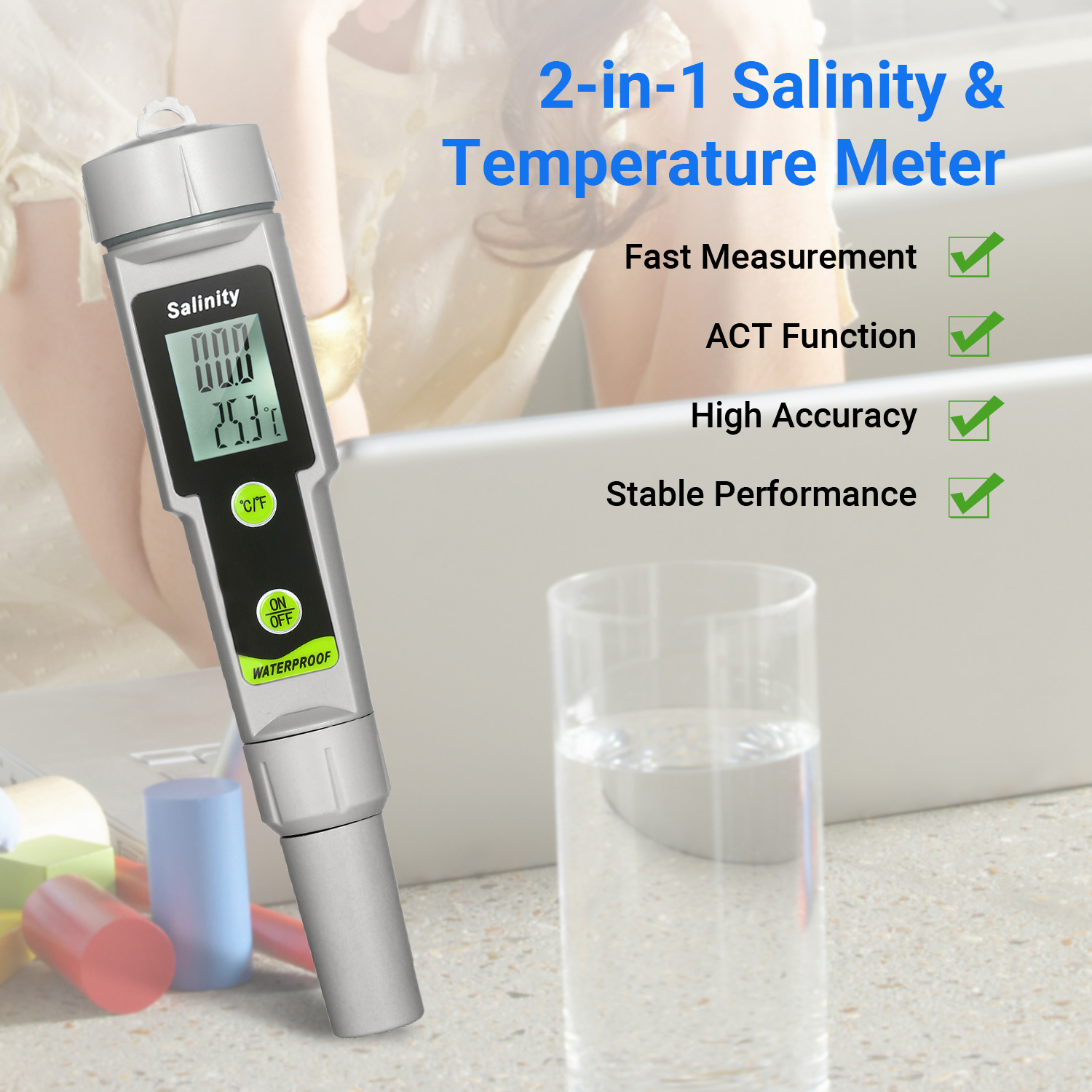 Cocosity Salinometer Wasserdichter Salinitätsteststift 2-in-1 Salinitäts- & Temperaturmessgerät Tragbares Salinitätsmessgerät Salimeterstift Typ Salinograph 0199.9ppt Bereich -5070 Temperaturmessgerät /H Umrechnung Getränke Getränk Salzwert und Temperaturmessgerät