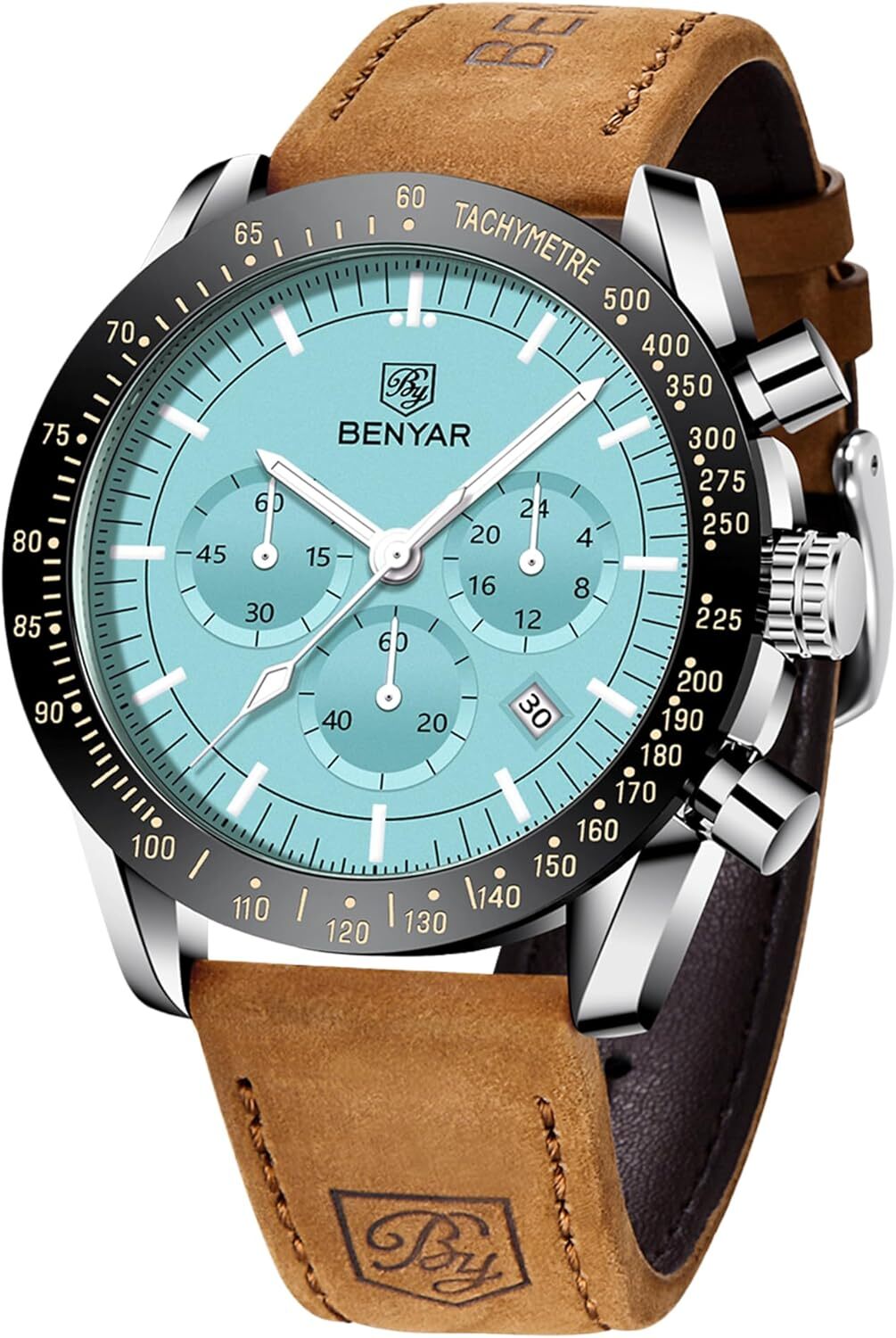 BENYAR für Männer, Lederarmband, Herrenmode Business Sport Design, 30M Wasserdicht Elegantes Chronograph Analog Quarz