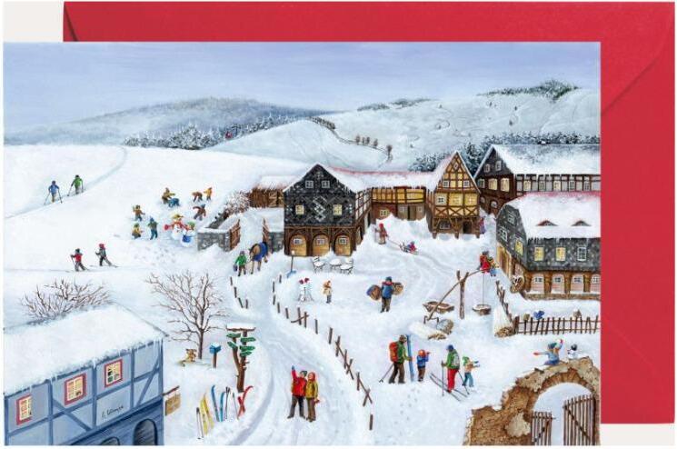 Mini adventný kalendár s drevenými domčekmi a zimnou krajinou