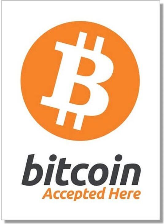 Save-Your-Bitcoins.com Aufkleber "Bitcoin accepted here" 74x105 mm 10-er Pack