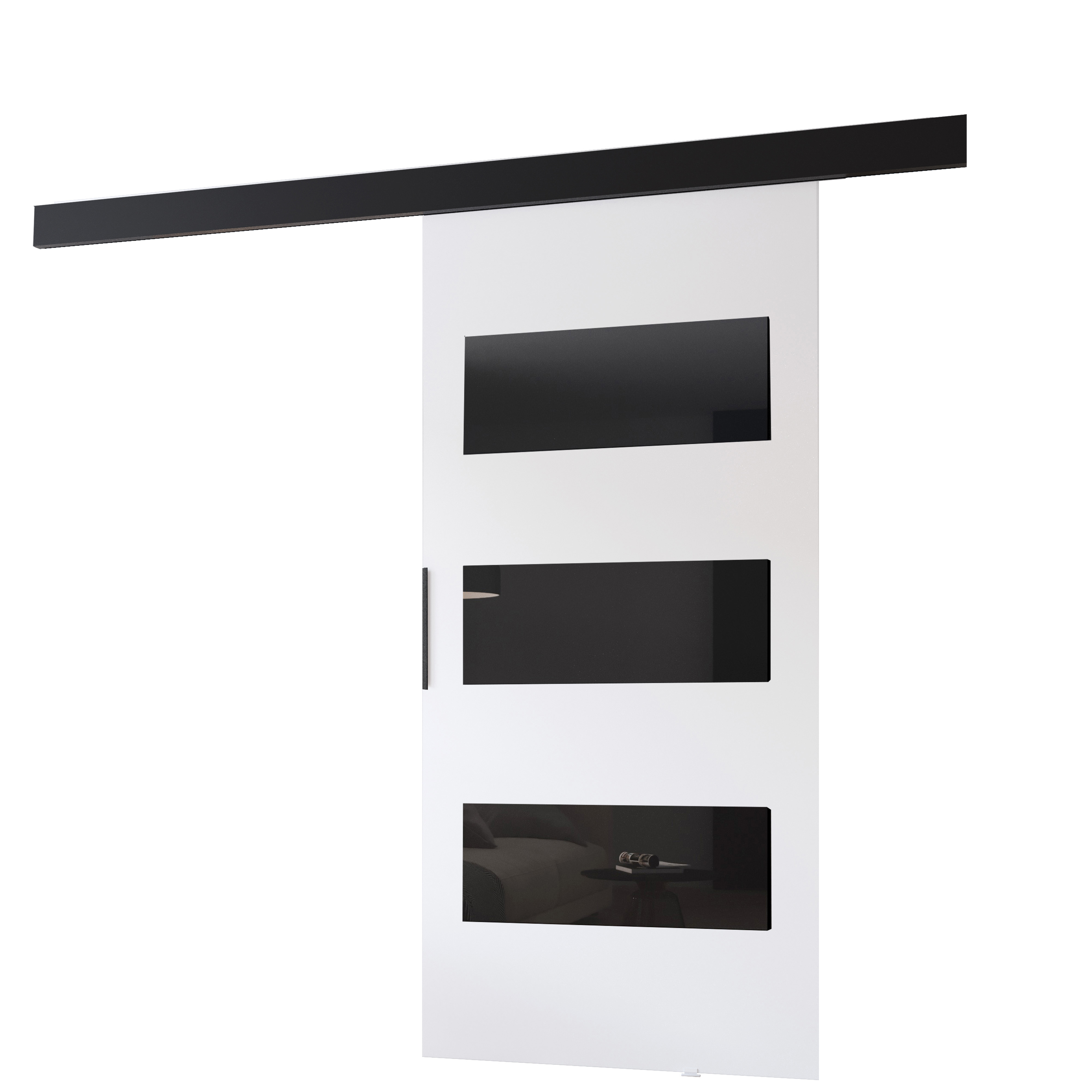 MINIO go for it, Schiebetür "PRIM E", Zimmertür, mit schwarzen Dekorelementen, schwarzer Griff, 96 cm, Weiß / Schwarze Farbe PRIME96BC