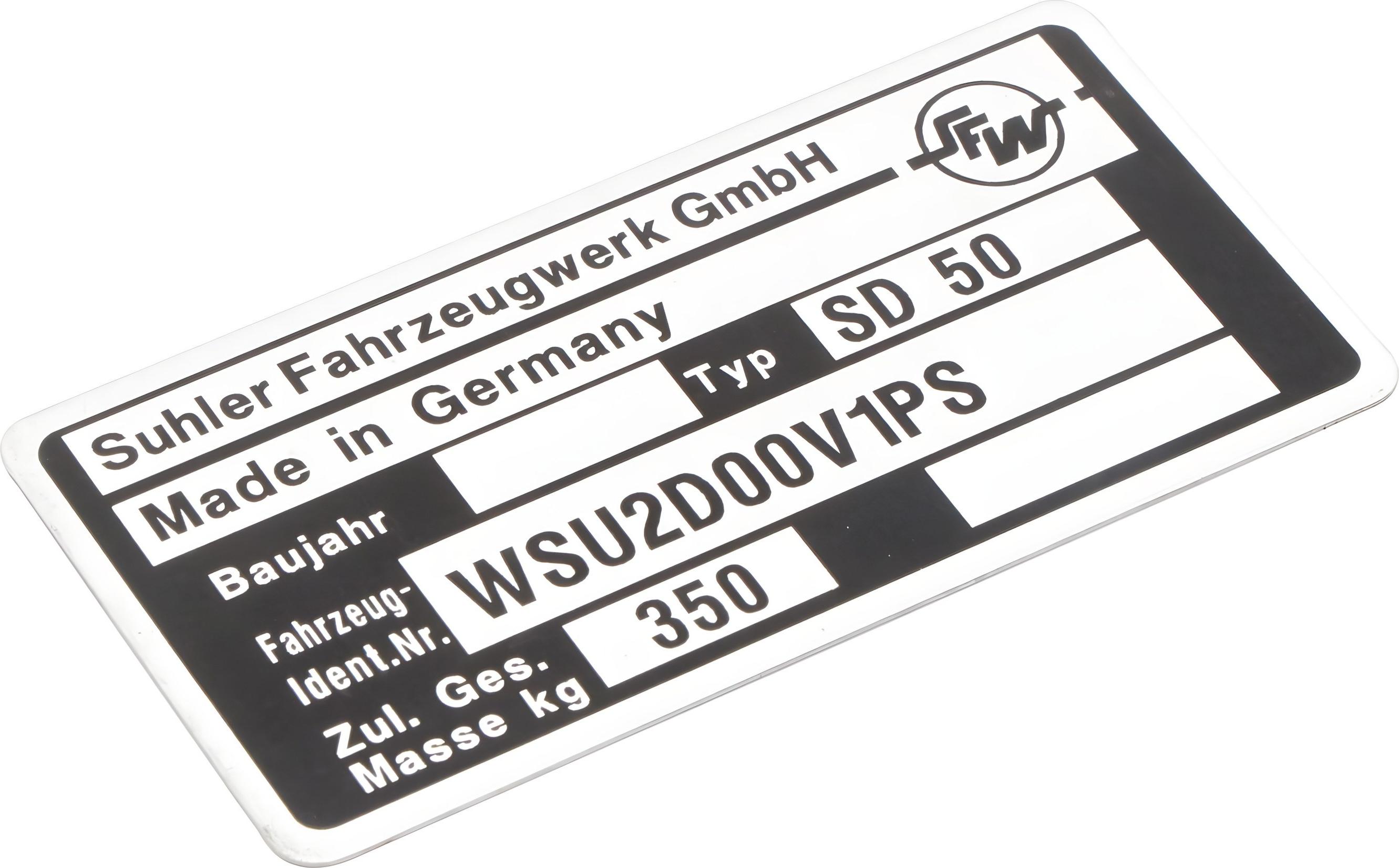 MZA Typenschild - Dreirad SD50 - Suhler Fahrzeugwerk GmbH 59127-00S