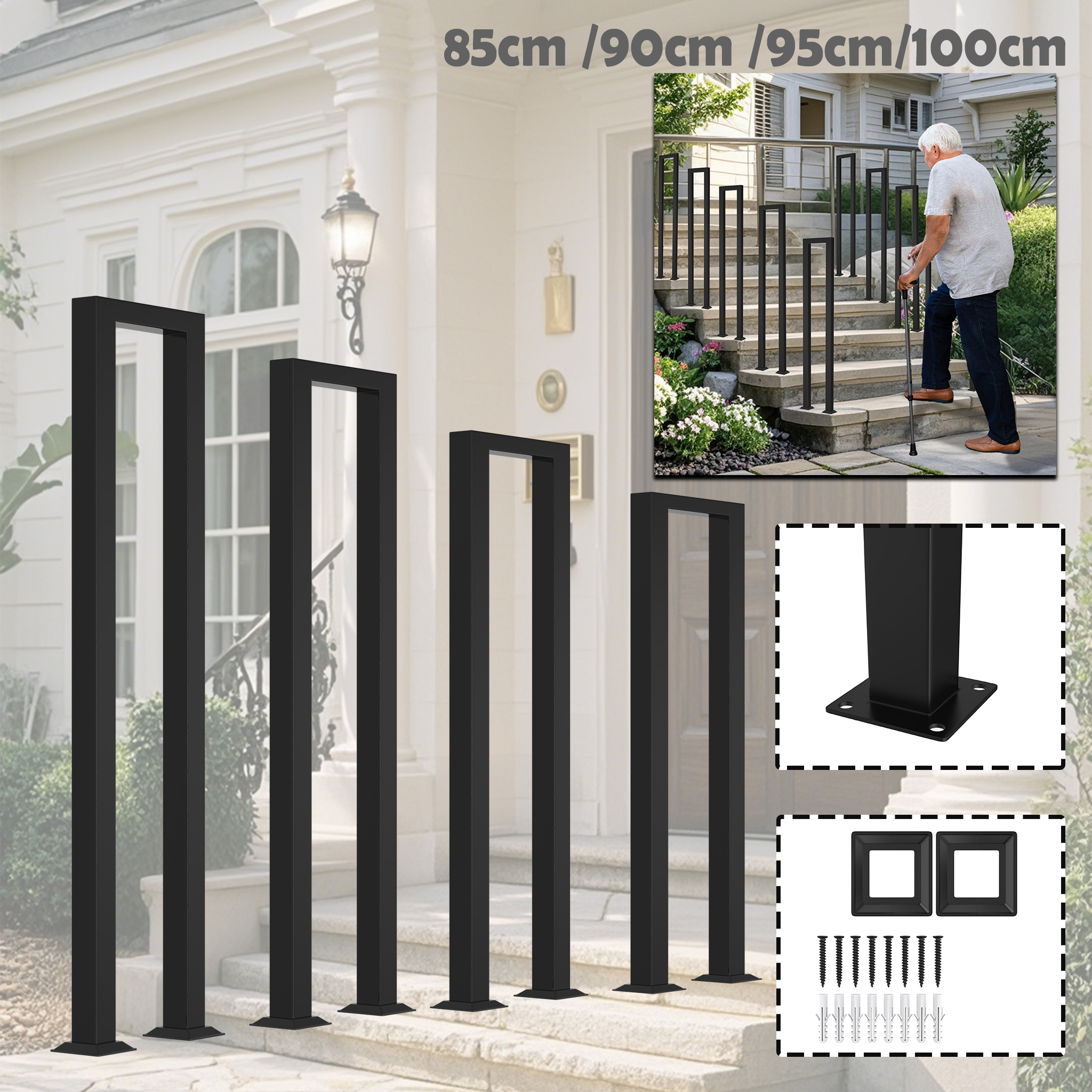 U-förmiges Treppengeländer Schwarz - 95cm Höhe Für Innen & Außen