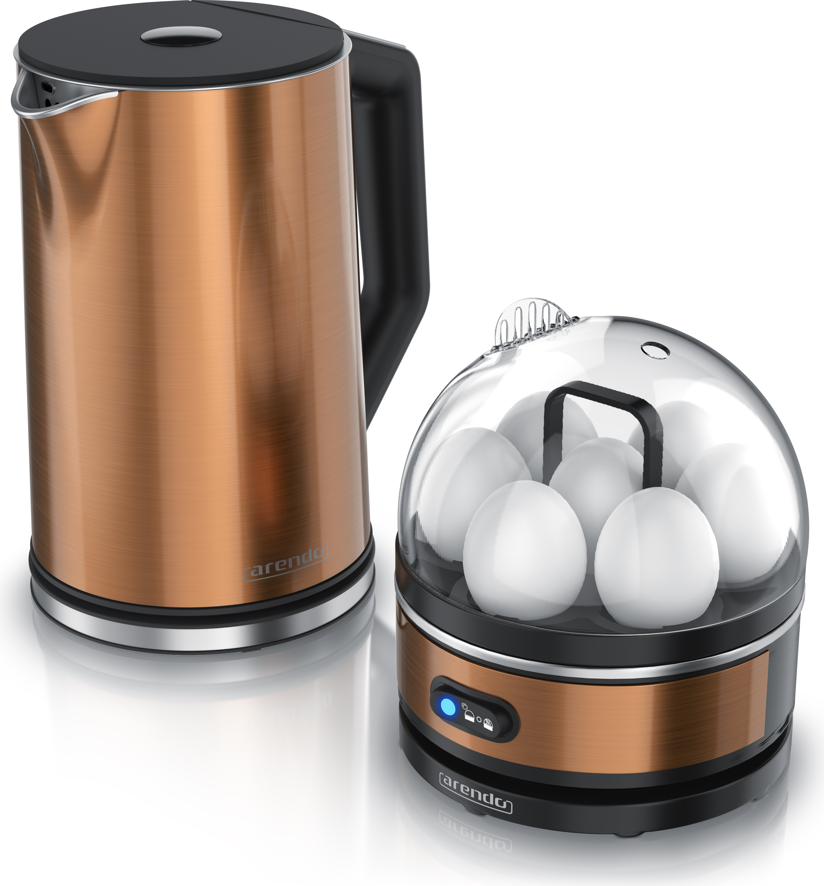 Arendo Frühstücksset, Wasserkocher ELEGANT mit Eierkocher SEVENCOOK Edelstahl Kupfer, Wasserkocher 1,5L, Eierkocher 1-7 Eier, Messbecher 306044