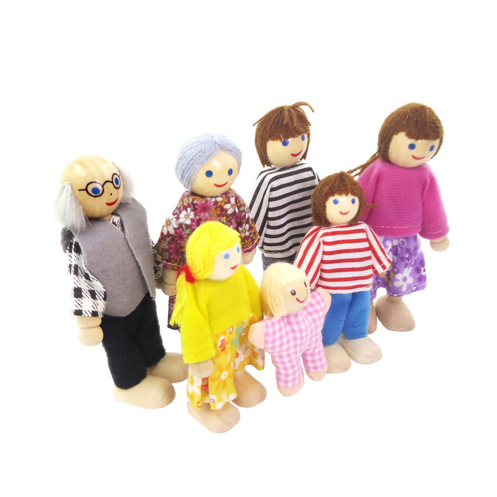 7er Holzpuppe Spielzeug Cartoon Familie Puppen für Kinder Spiel Haus Geschenk 