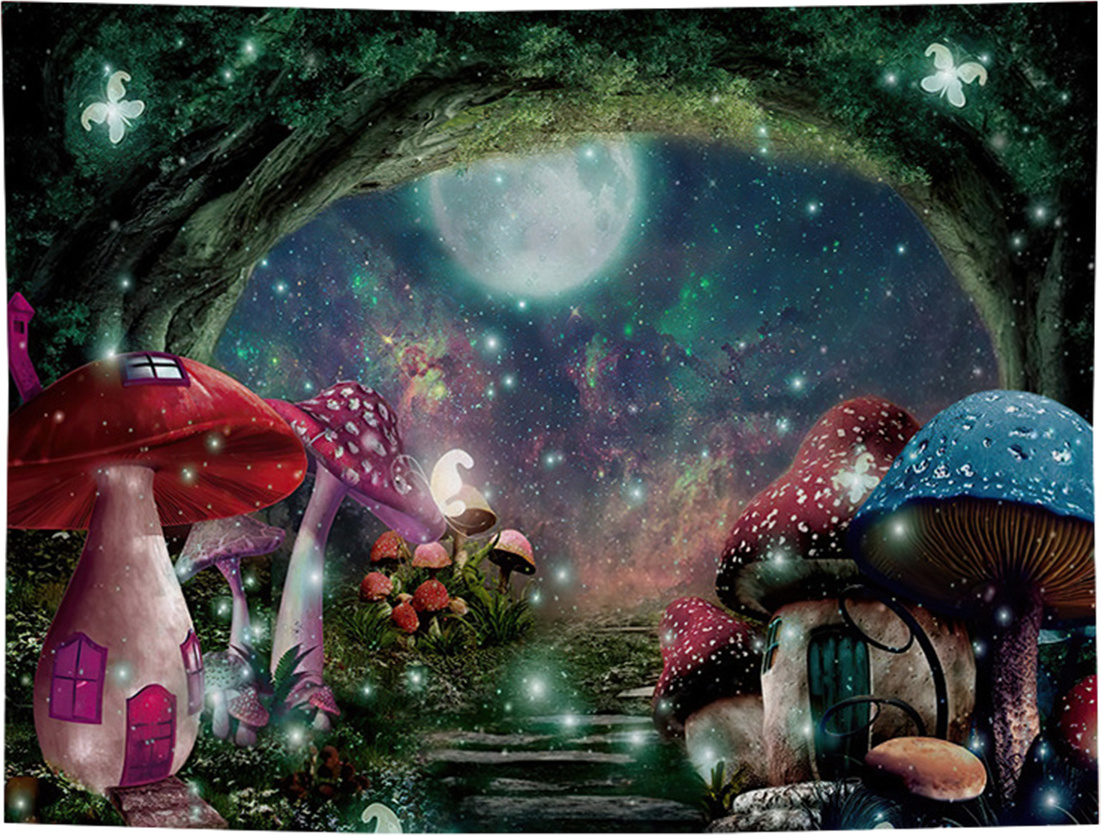 Crrynuo Pilzschloss-Wandteppich, Galaxie-Mond-Sterne-Wandteppich, geheimnisvoller Waldbaum-Wandteppich, Fantasy-Märchen-Wandteppich KAU-UN-CPK-PH-20250421-54