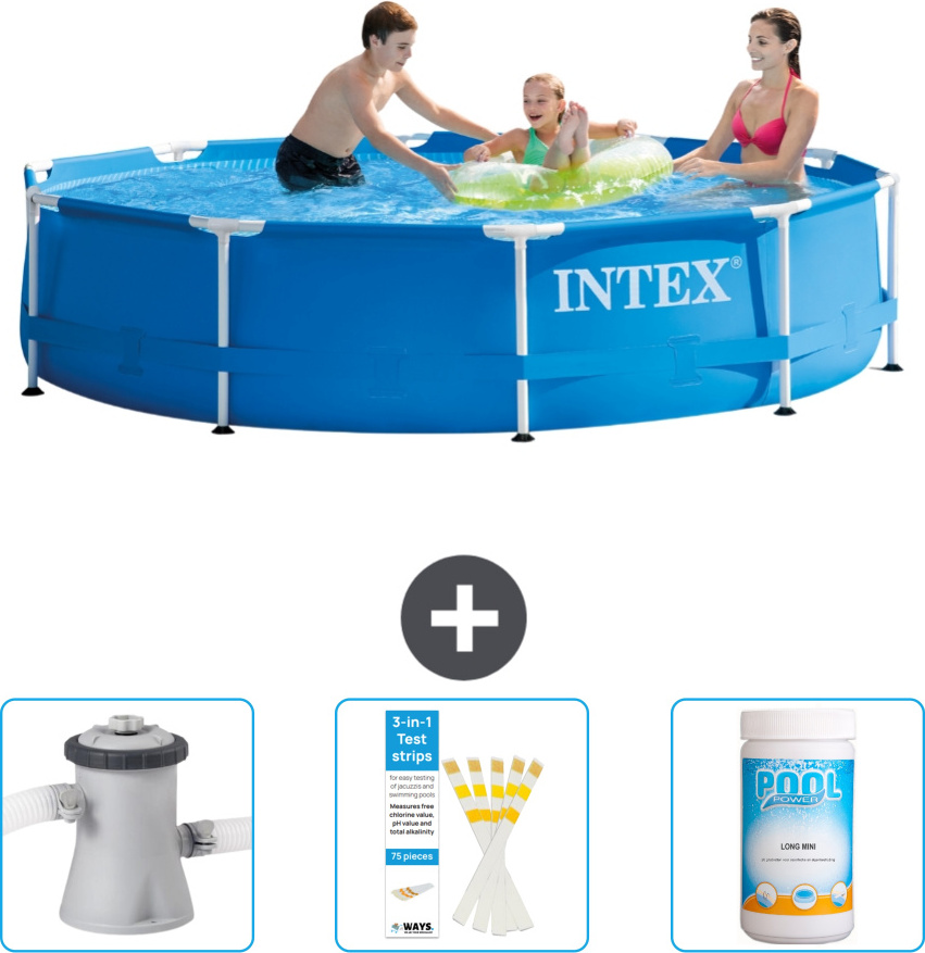 Bazén Intex s okrúhlym rámom - 305 x 76 cm - Modrý - Súčasťou dodávky je filtračné čerpadlo pre bazén - Testovacie prúžky - Chlór
