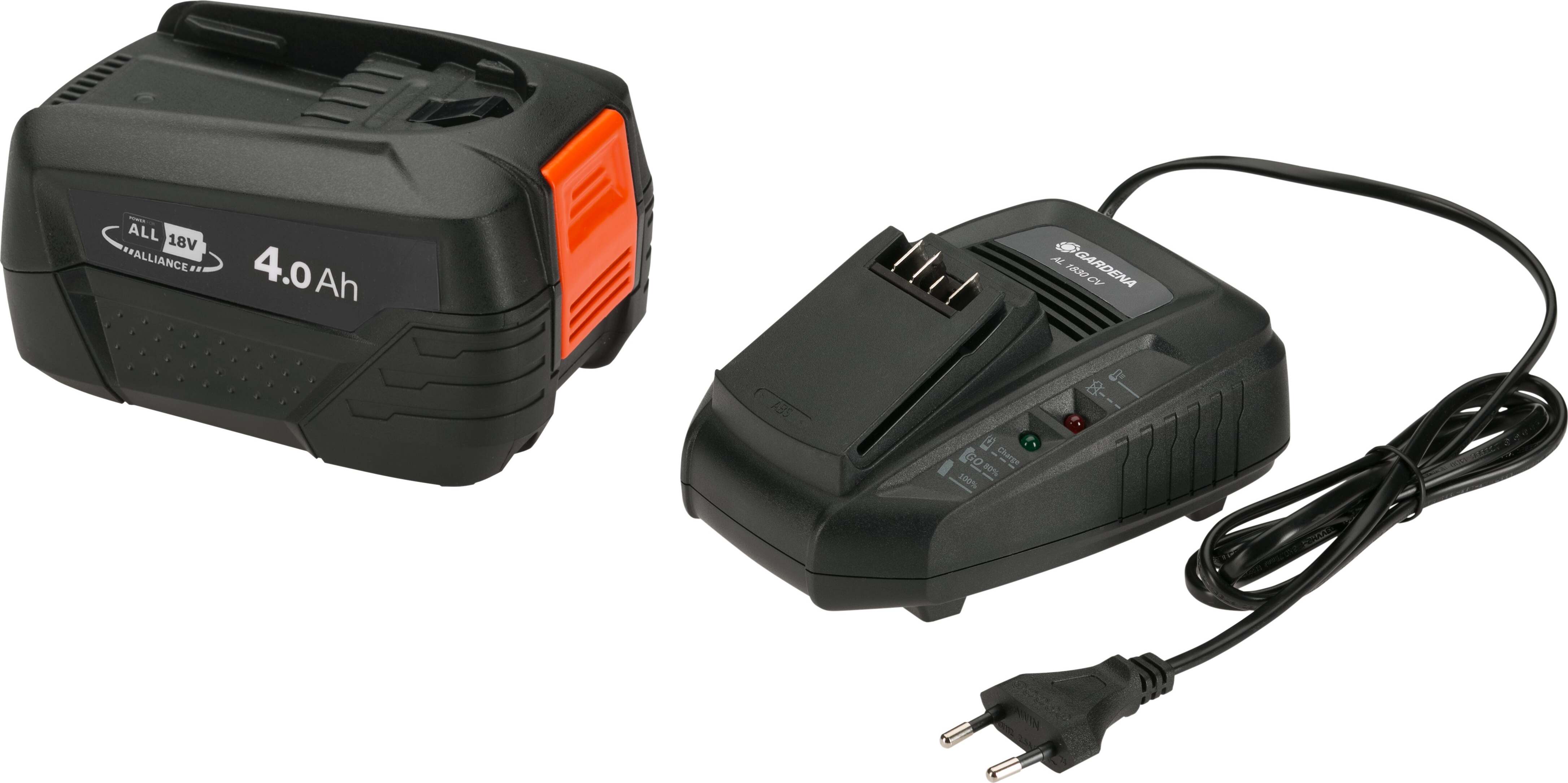Gardena Starter-Kit P4A PBA 18V/72 4.0 Ah+ AL 1830 CV - Akku - 4.000 mAh, Batterie- & Ladegerät-Set, Lithium-Ion (Li-Ion), 4 Ah, 18 V, Gardena, Schwarz, Orange 14908-20