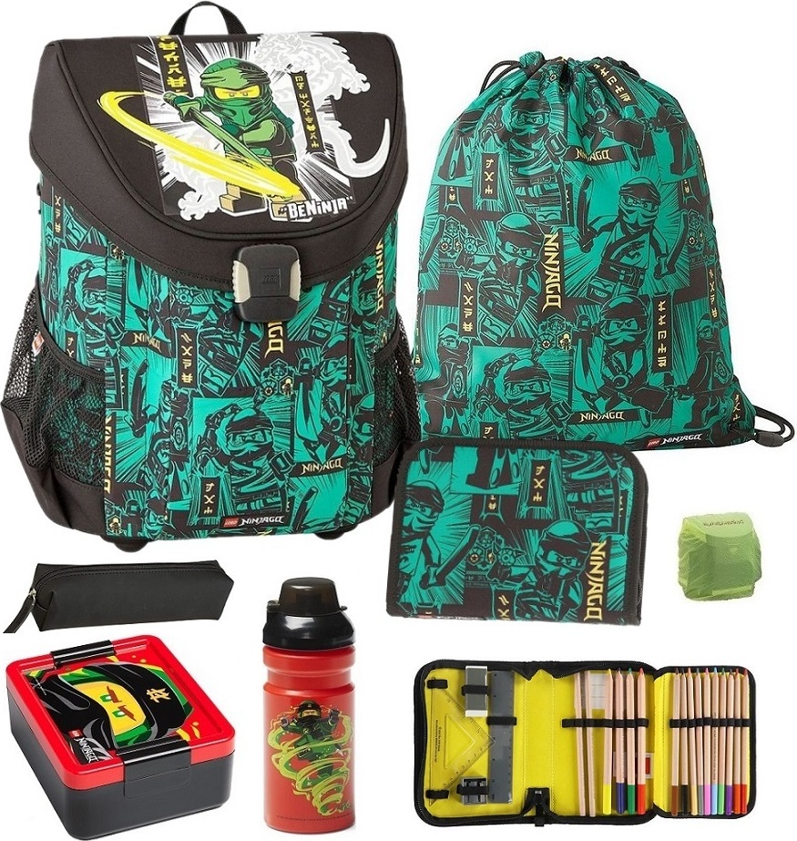 Lego Schulranzen-Set Easy GREEN Ninjago Schultasche 7tlg. mit Federmappe Brotdose und Trinkflasche
