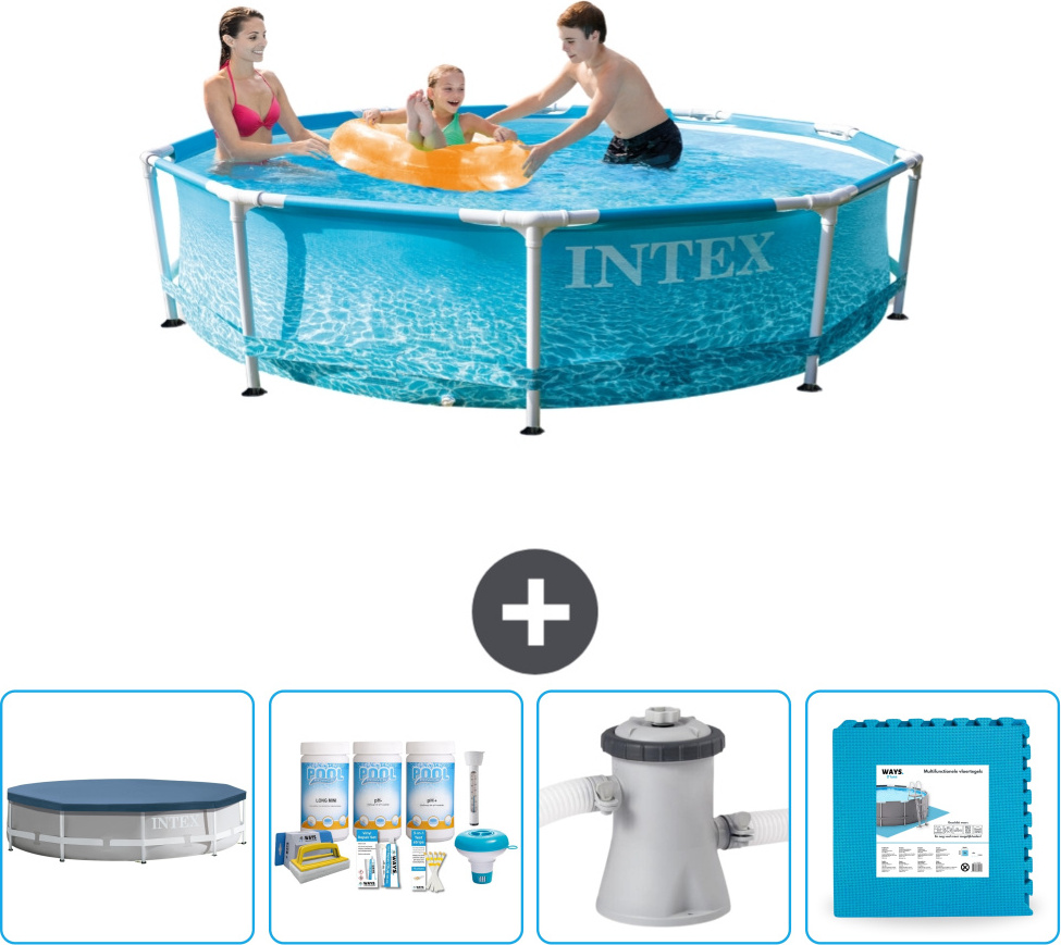 Bazén Intex s okrúhlym rámom - 305 x 76 cm - tlak vody - kryt v cene - balík na údržbu - filtračné čerpadlo pre bazén - dlažba