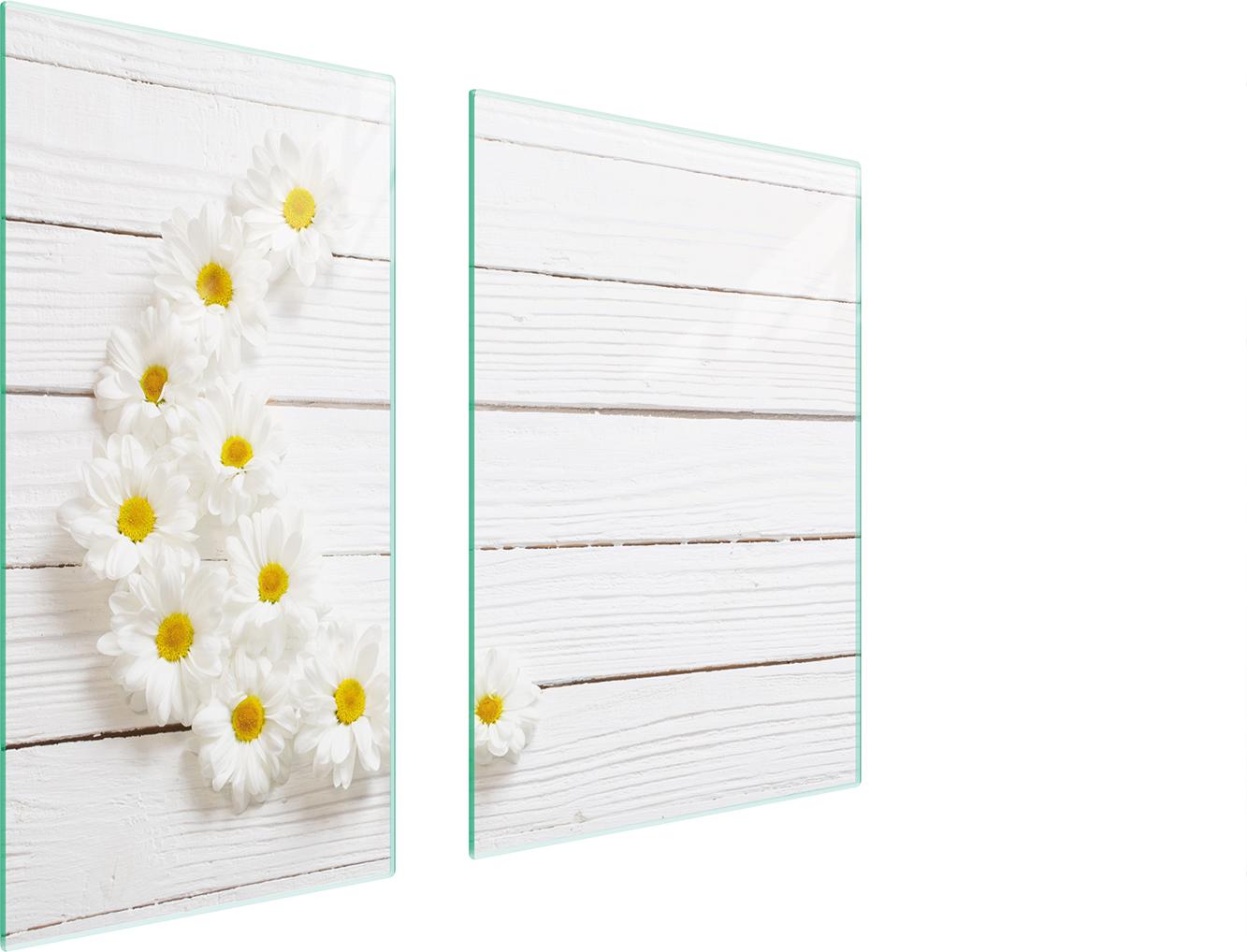 TMK ArtDeko Herdabdeckplatten 2 teilig 75x52 Glaskeramikfeld Abdeckung Glas Schneidebrett Gänseblümchen Holz