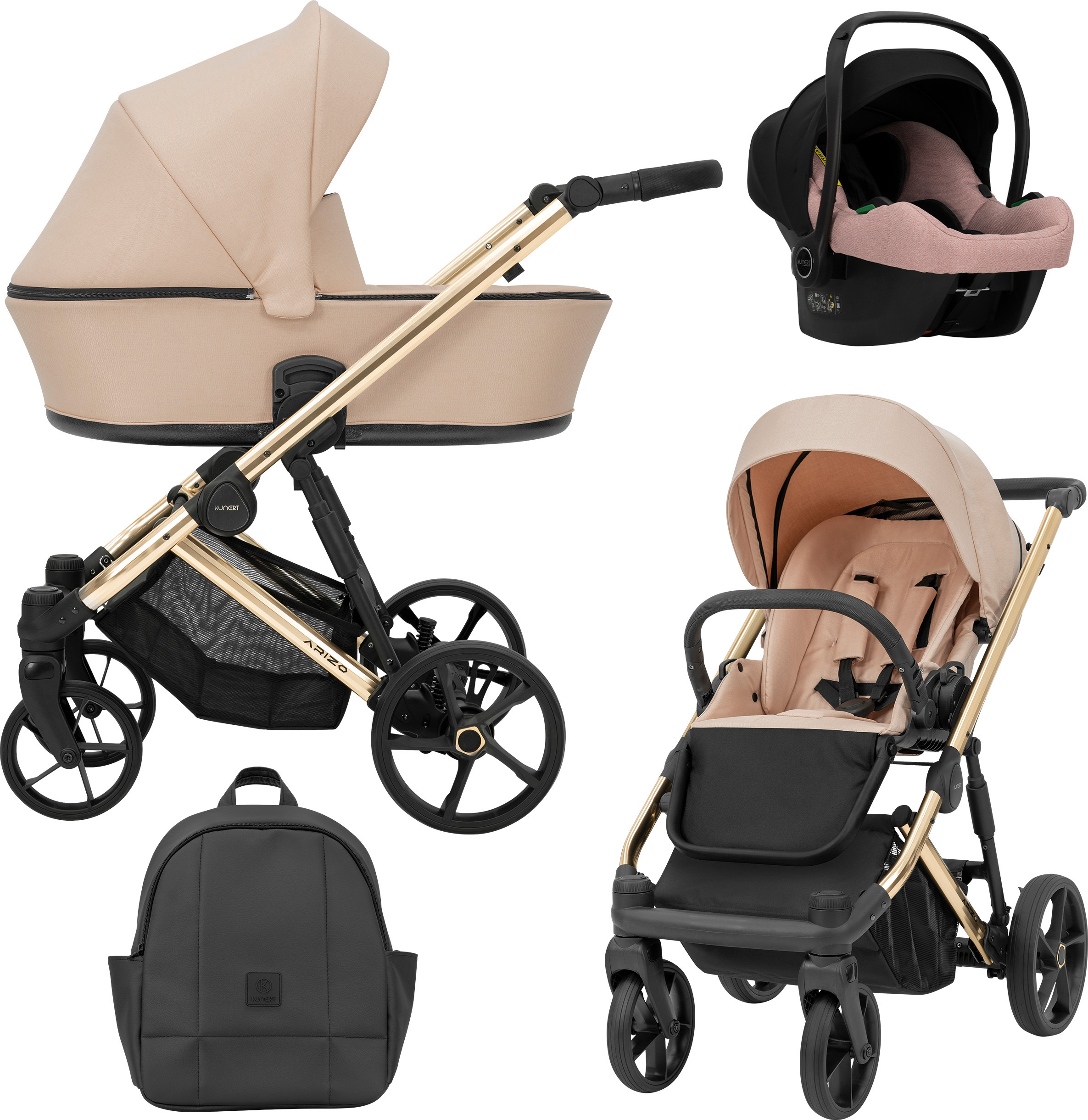Kunert Kinderwagen ARIZO Sportwagen Babywagen Babyschale Komplettset Kinder Wagen Autositz Set 3 in 1 (Pink, Rahmenfarbe: Gold)