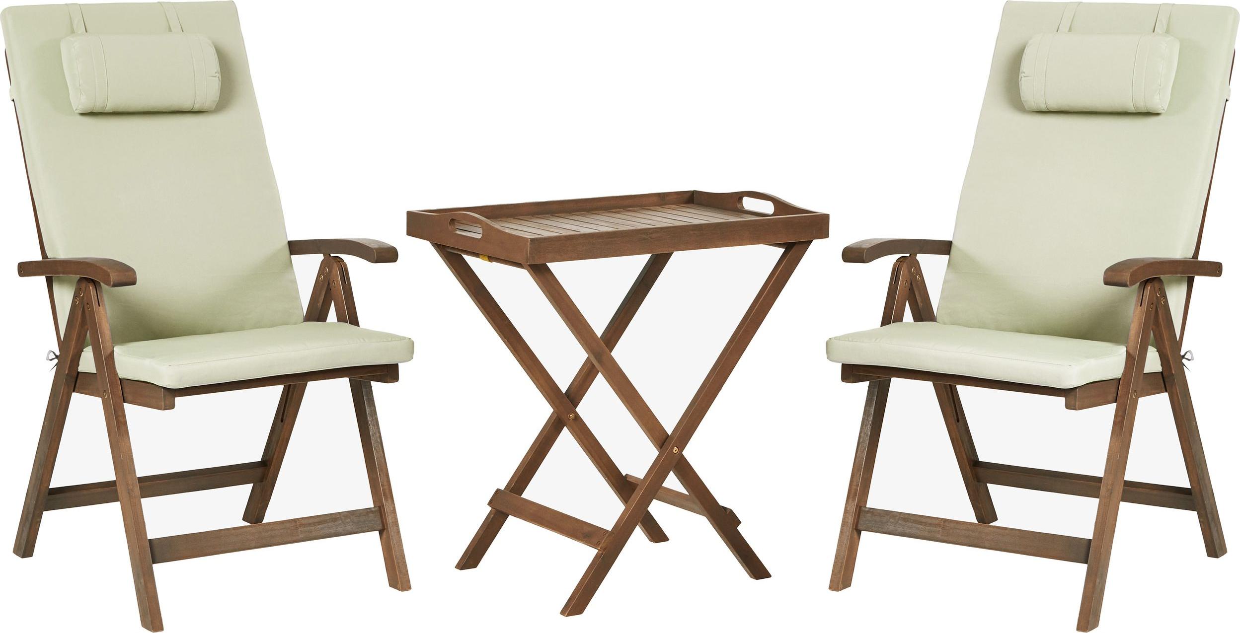 BELIANI Záhradný bistro set z masívneho akáciového dreva so svetlosivými vankúšmi stôl 2 stoličky s nastaviteľným operadlom skladací balkónový nábytok v rustikálnom štýle