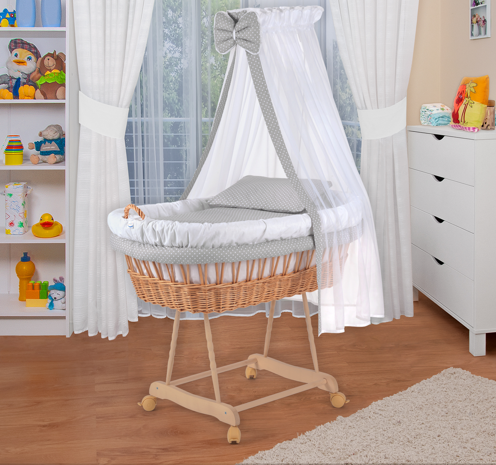 Waldin Baby Stubenwagen-Set mit Ausstattung,XXL,Gestell natur,weiß/Punkte weiß 1203-8p81h