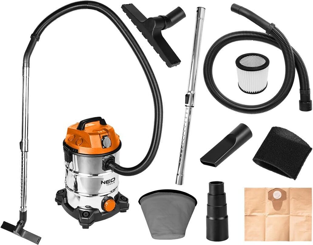 NEO TOOLS Mokro-suchý vysávač 1400W - Nerezová nádoba 30L - 35mm hadicový systém - Funkcia fúkania - Prídavná zásuvka max. 2000W - Sieťový kábel 4m