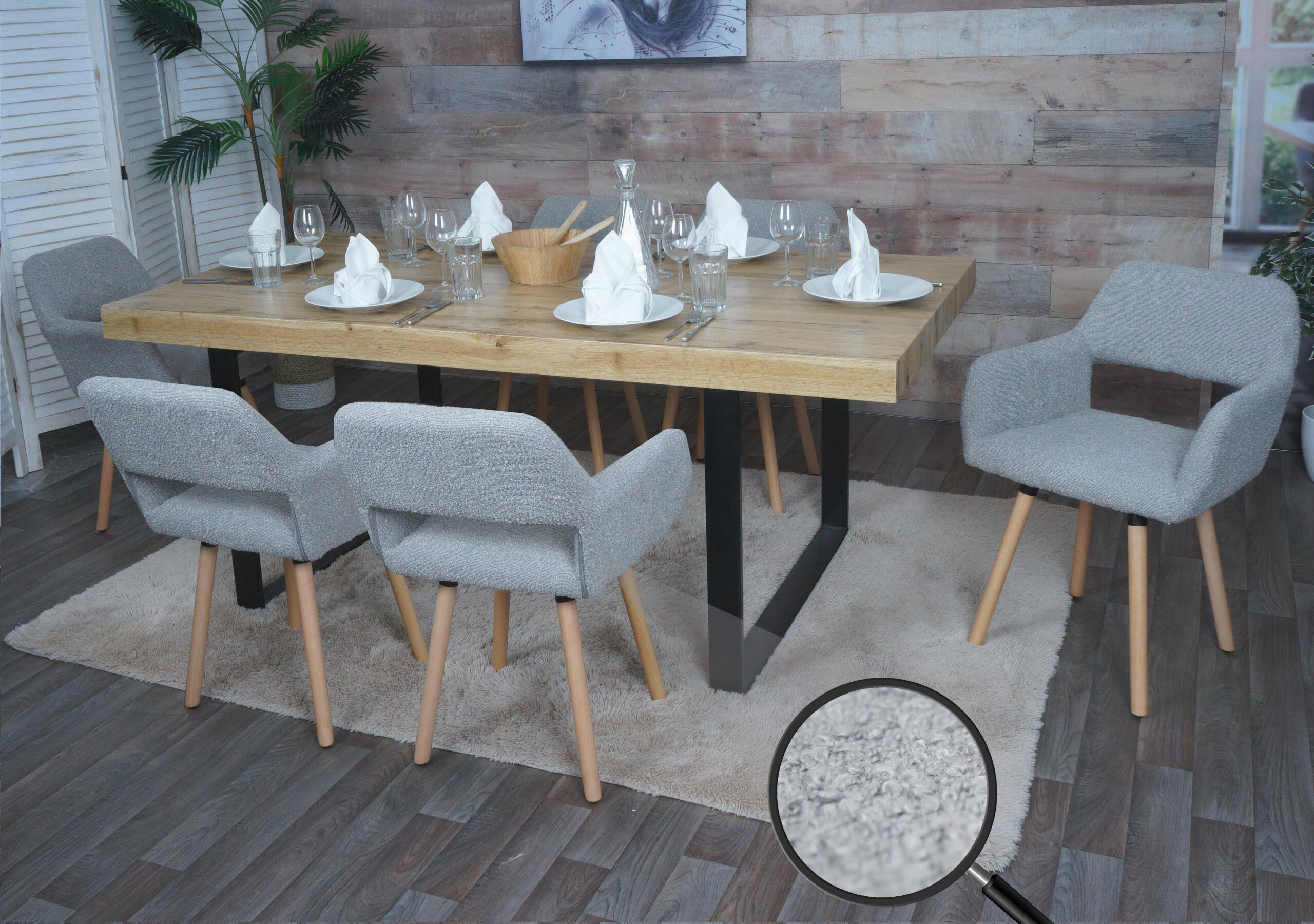 sada 6 jedálenských stoličiek HWC-A50 II, stolička kuchynská stolička čalúnená stolička, drevo látka/textil bouclé (450g/m²) ~ sivá