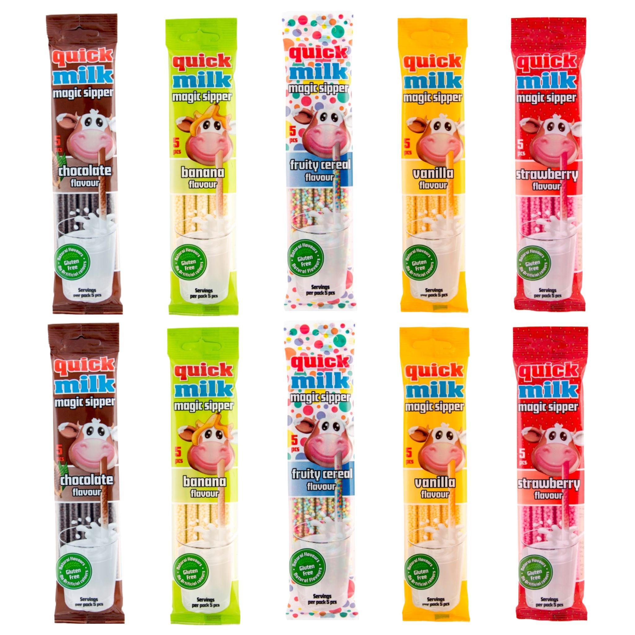 Felföldi Edesseggyarto Kft QUICK MILK - 5 Geschmackssorten Trinkhalme für Milch - 10 Stück (50 Halme) - 300 g