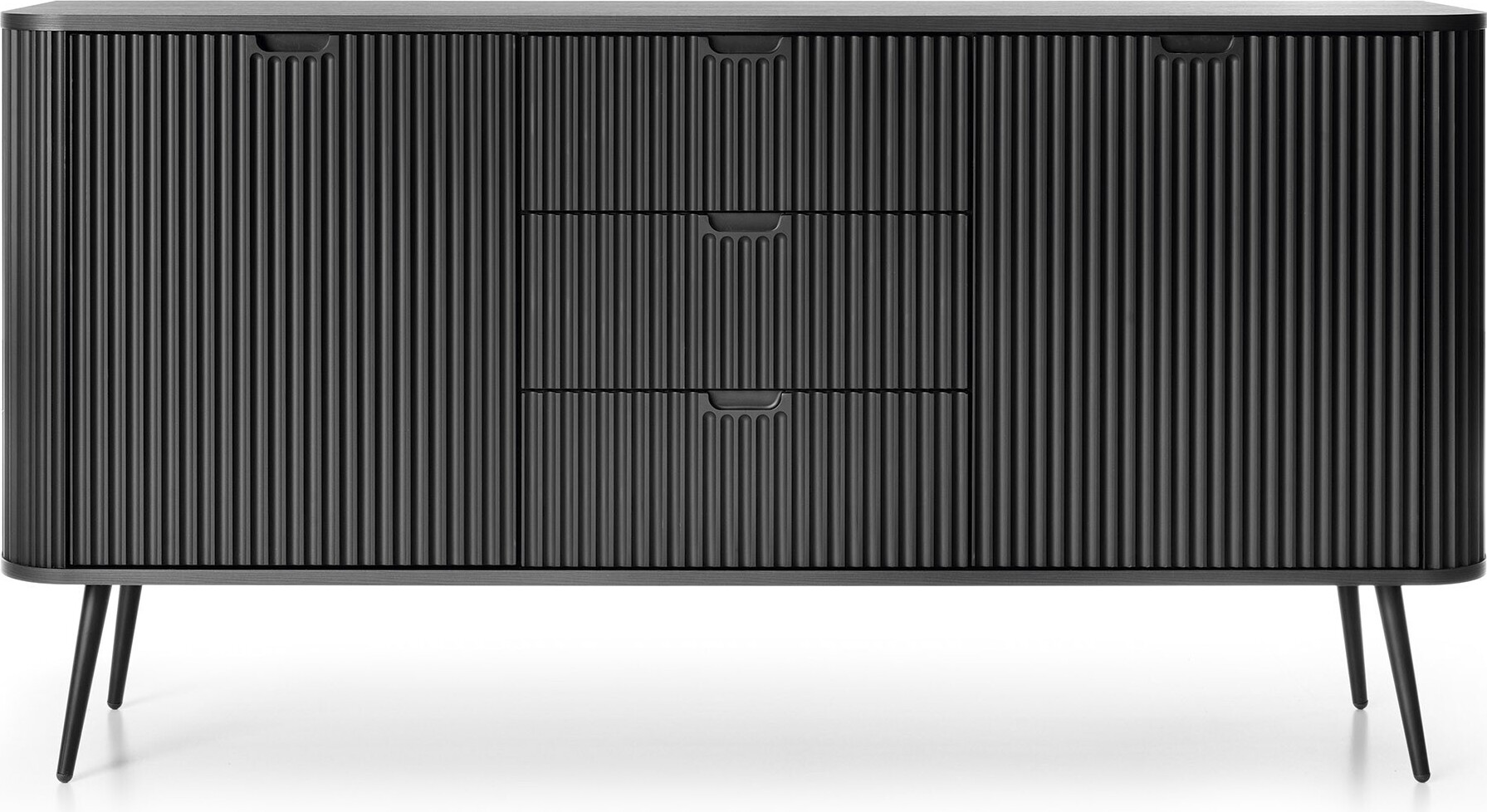 BETTSO Breite Kommode geriffelte Fronten auf schwarzen Beinen ZOVA 168 cm Schwarz