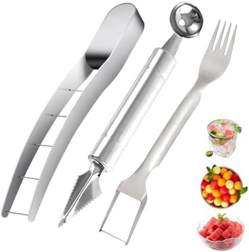 Zimtky Wassermelonen Schneider, 3 Stück Melonenschneider Edelstahl, 2-in-1 Wassermelonen Gabel Schneider, Melonenausstecher Obstschneider, Melonenschneider für Obstsalat Wassermelone Cantaloupe Drachenfrucht ZGQ260630GYS23