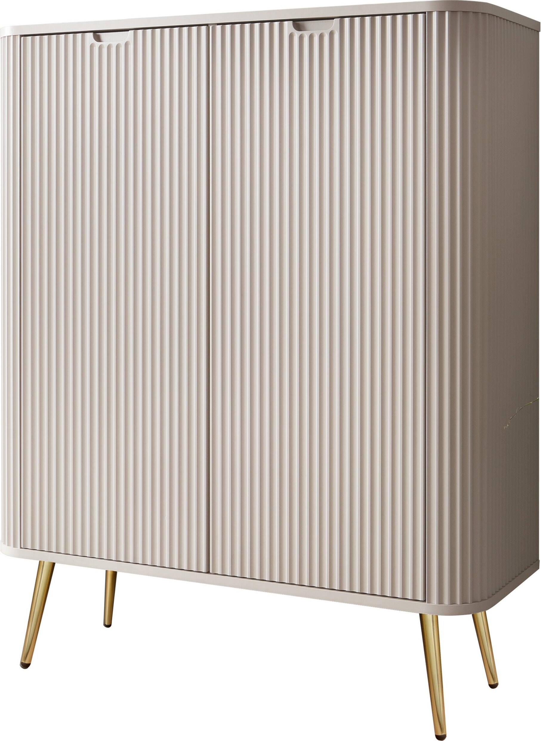 BETTSO Zweitürige Hohe Kommode geriffelte Fronten auf Goldenen Beinen ZOVA 103 cm Cashmere Beige