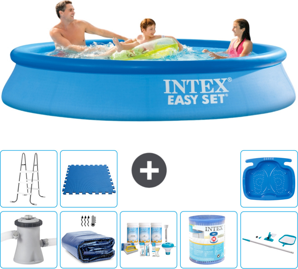 Okrúhly nafukovací bazén Intex Easy Set - 305 x 61 cm - modrý - vrátane markízy s čerpadlom - balík na údržbu - filter - čistiaca súprava - rebrík - vaňa na nohy
