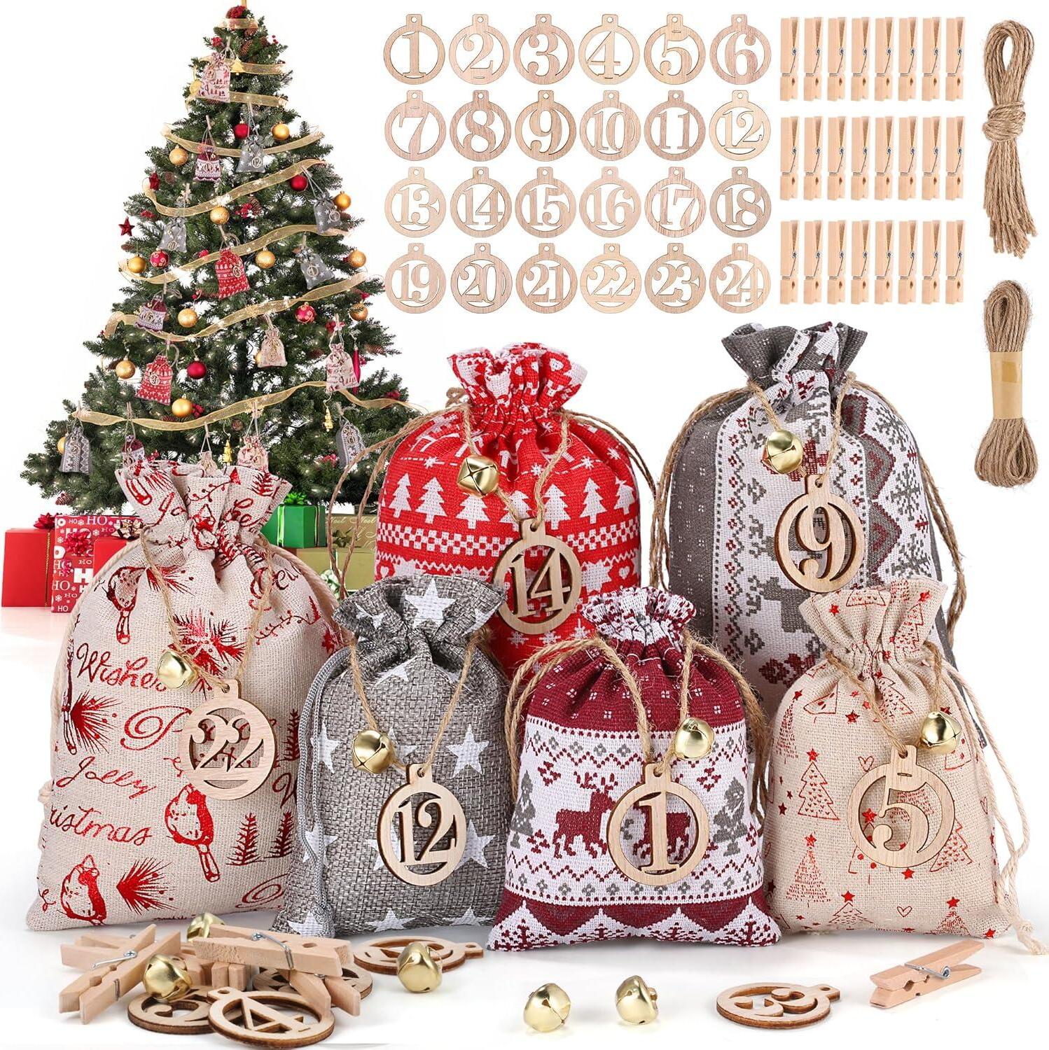 Adventný kalendár 24 textilných tašiek DIY Vianočný kalendár Deti Dospelí Červená sivá béžová