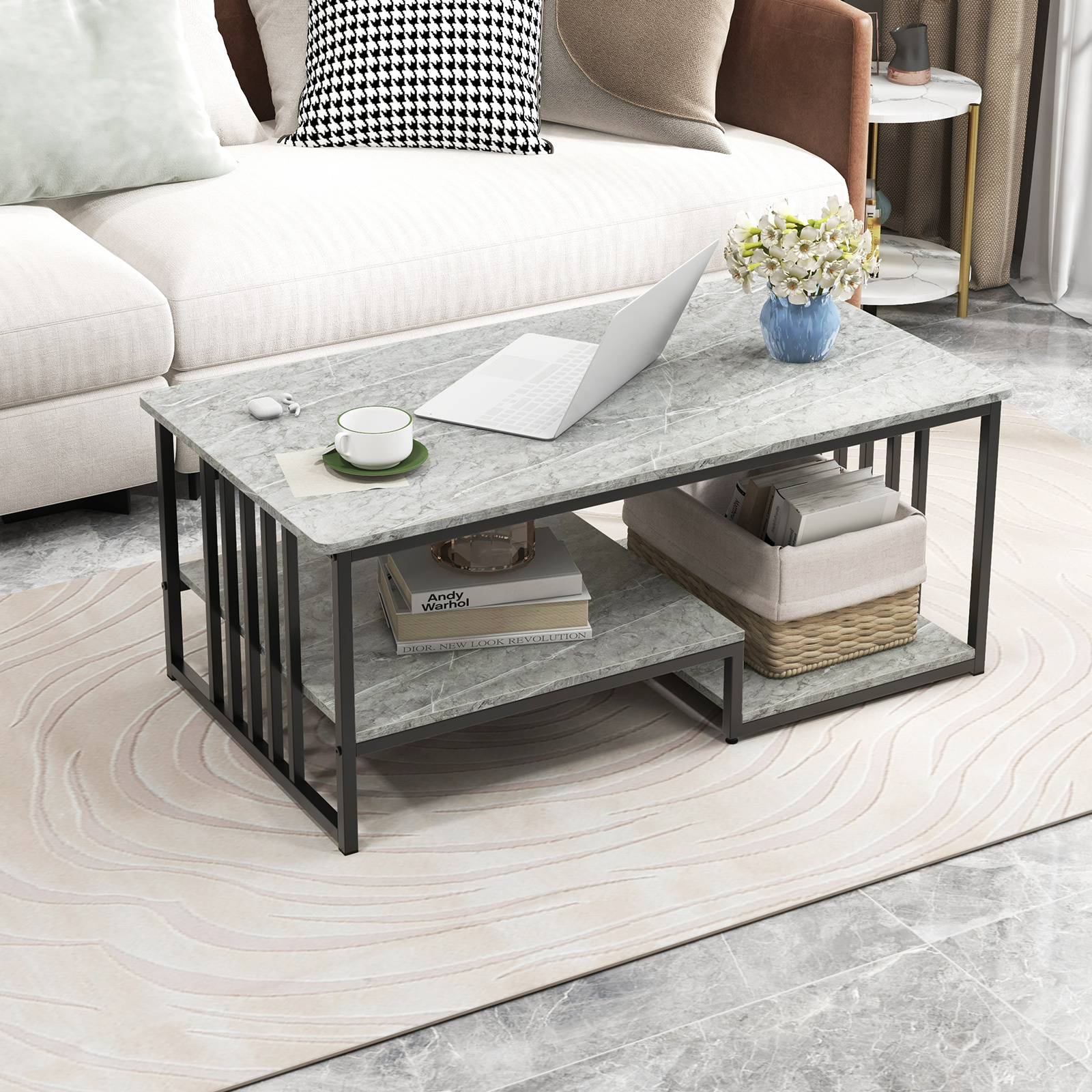 GOPLUS Couchtisch Marmor Optik, Kaffeetisch mit Ablagen & Metallgestell, Sofatisch Wohnzimmertischfür Büro & Wohnzimmer, 110 x 60 x 45cm, Grau KW22317HSDE