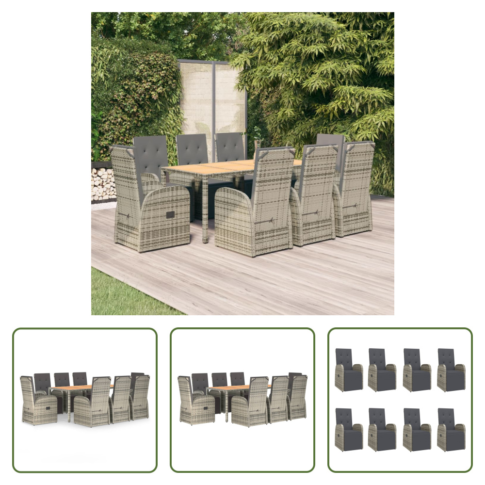 The Living Store 9-dielny záhradný jedálenský set s vankúšmi sivý polyratan