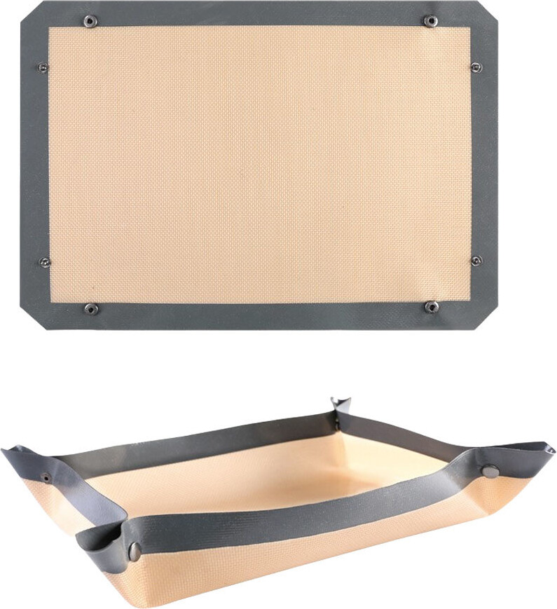 Reference image of silicone baking mat flat and with raised corners