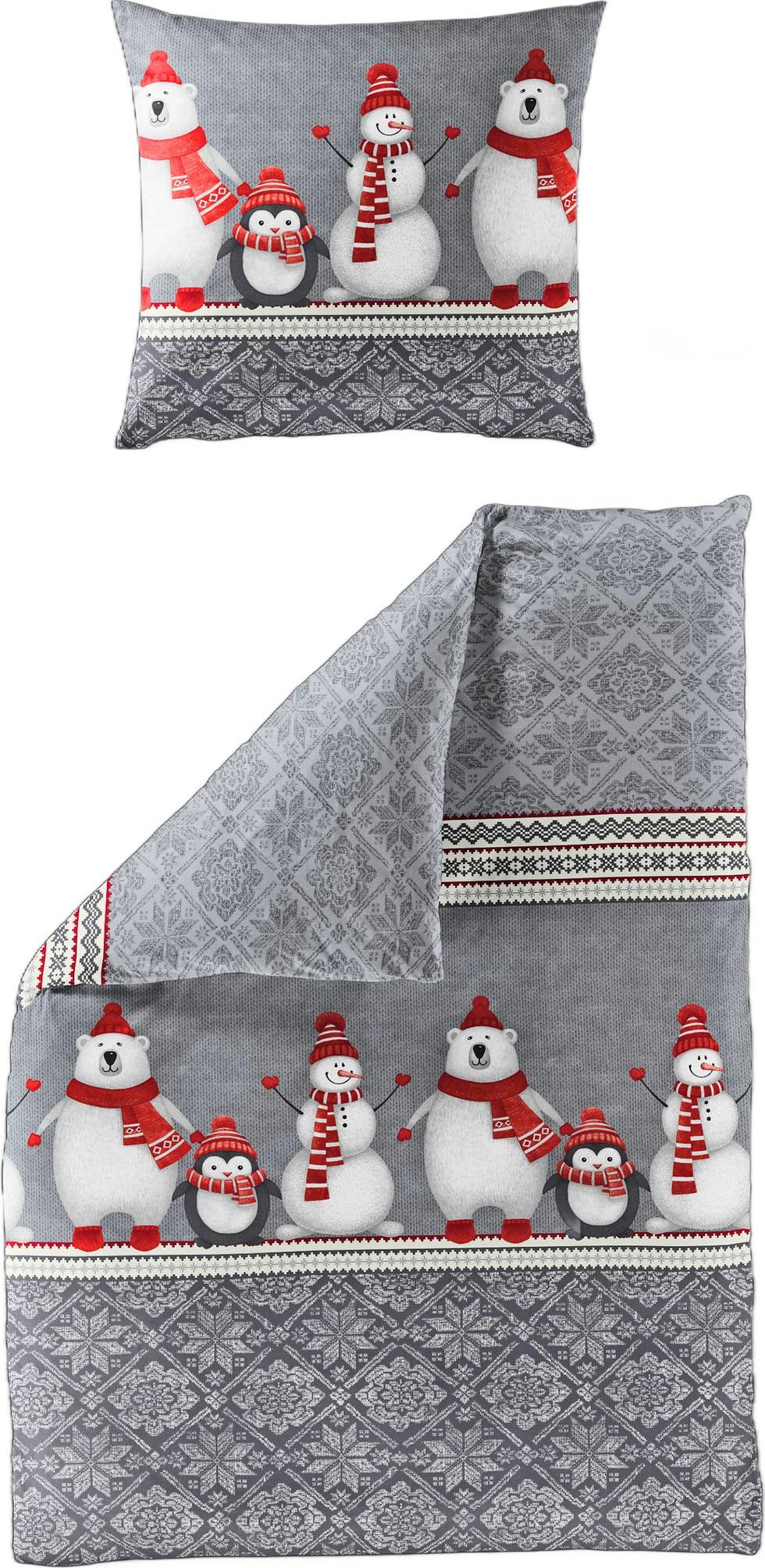JACK by Bierbaum Biber Bettwäsche 2 tlg. 135x200cm Winterfamilie Schneemann Pinguin Eisbär Grau Rot 183030 - Winterfamilie