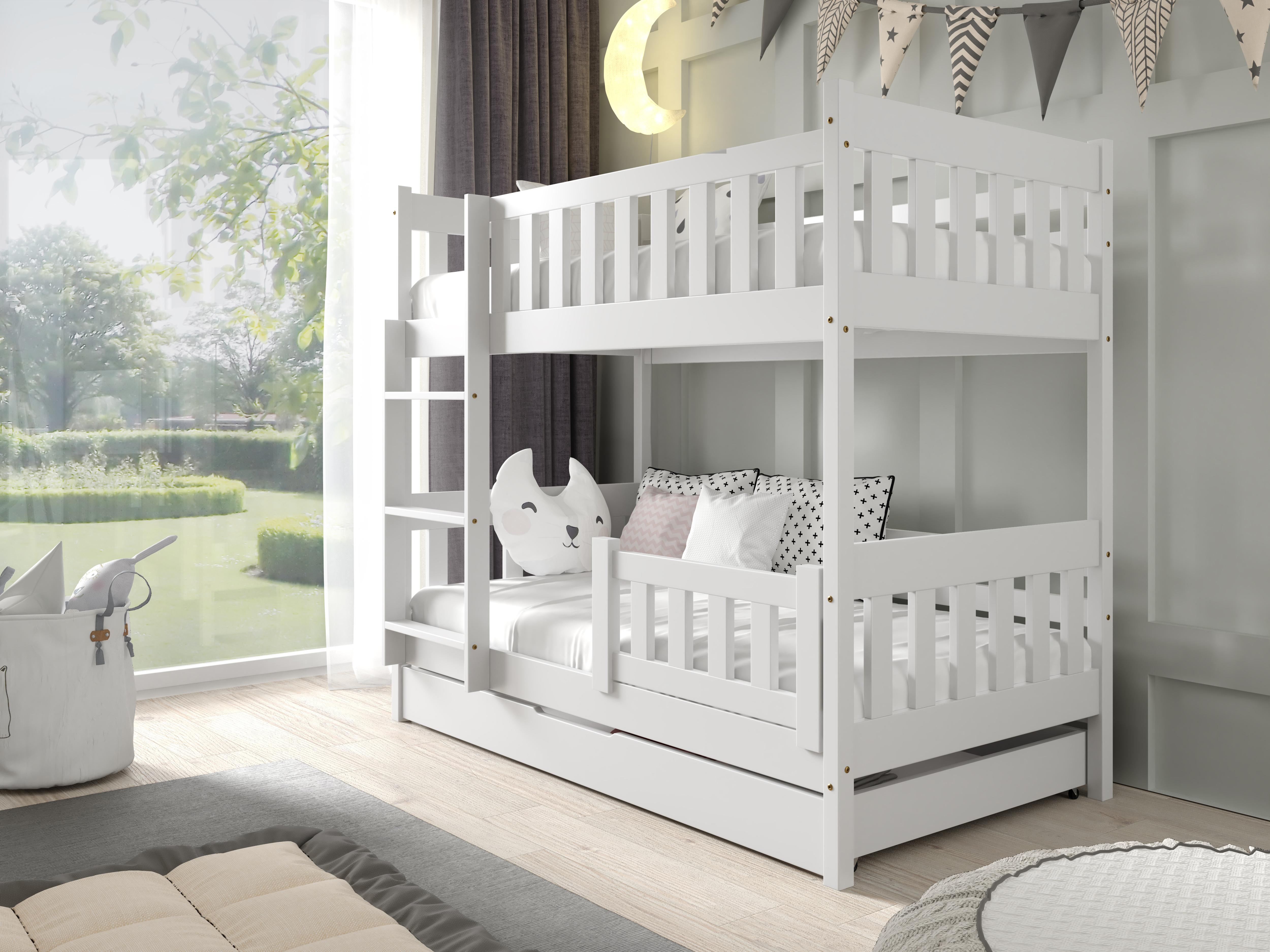 JKG Meble Etagenbett für Kinder - Kinderbett aus Holz - Kinderbett mit Matratze - klassisches Kinderbett 160 cm - Weiß