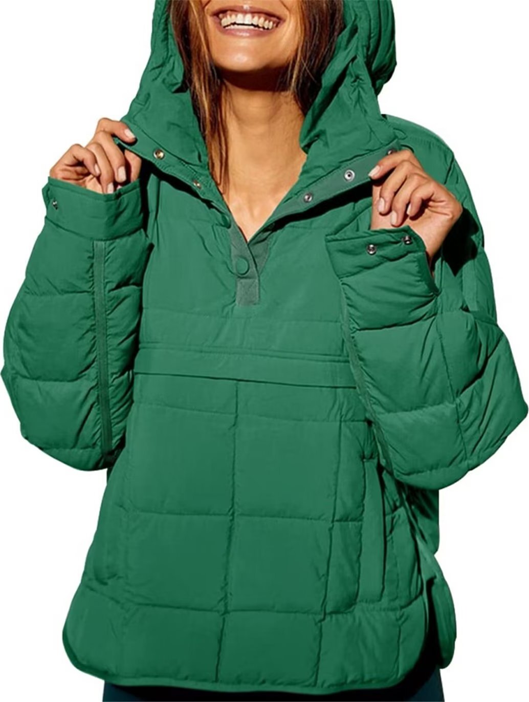 ASKSA Damen Pufferjacke Stepppullover Gesteppt Kapuzenpullover Langarm Jacke Leichte Warme Wintermaentel, Gruen, L