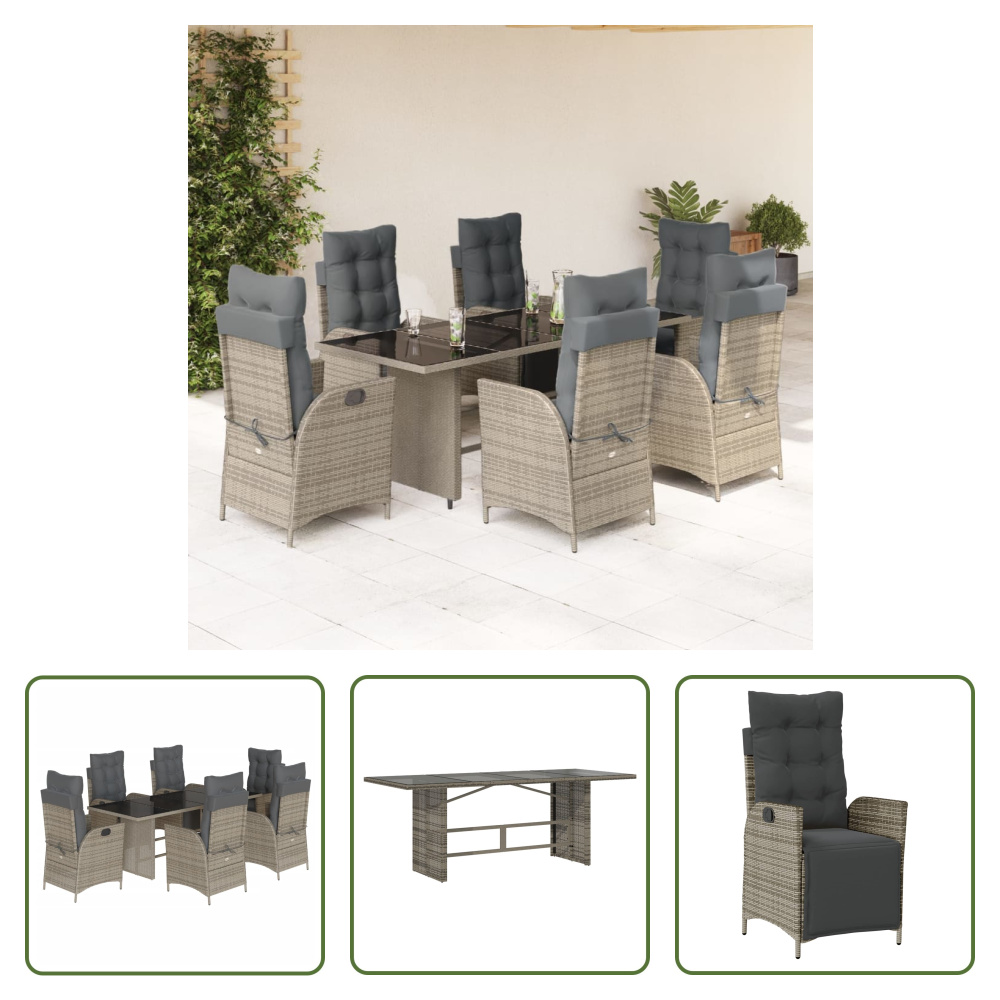 The Living Store 7-dielny záhradný jedálenský set s vankúšmi sivý polyratan